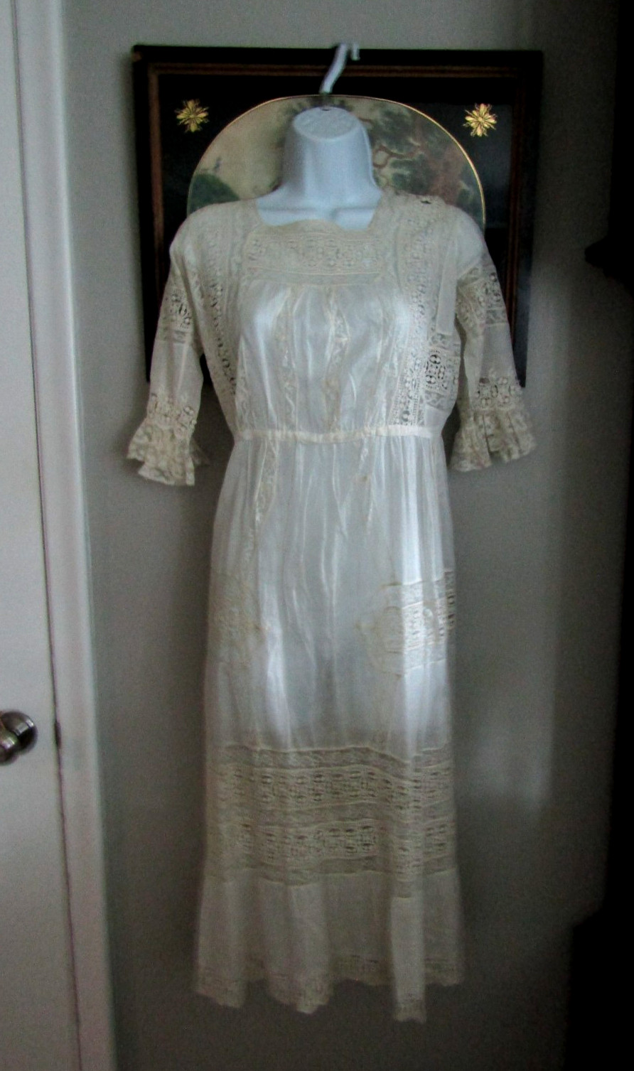 Vtg 1890’s Victorian Edwardian DAY DRESS Lace Cotton WONDERFUL Handmade Lace