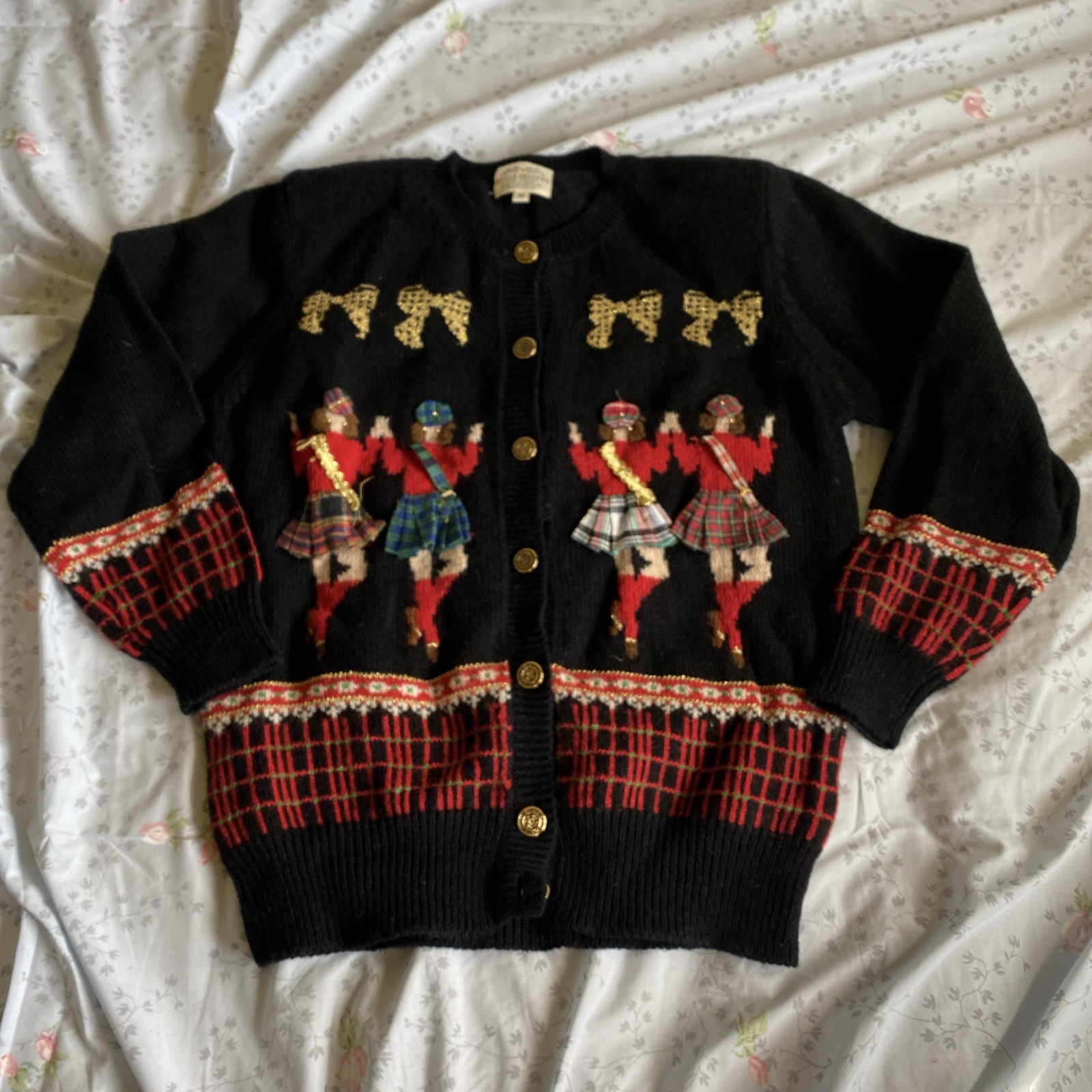 Vintage 90s Susan Bristol Black Scottish Dancer Plaid Warm Cardigan Sweater Sz M