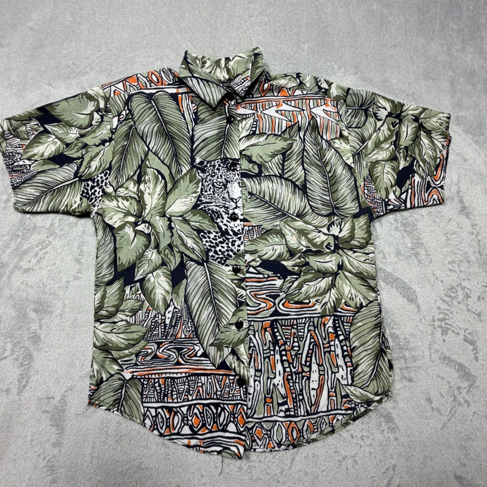 Vintage 90s Anxiety Leopard Jungle Print Rayon Shirt Green Black Small Made USA