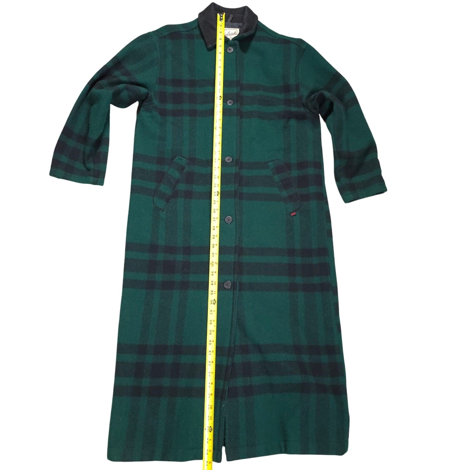 Vintage Woolrich Gree/Black Plaid Trench Coat Wool/Leather Women Size M USA