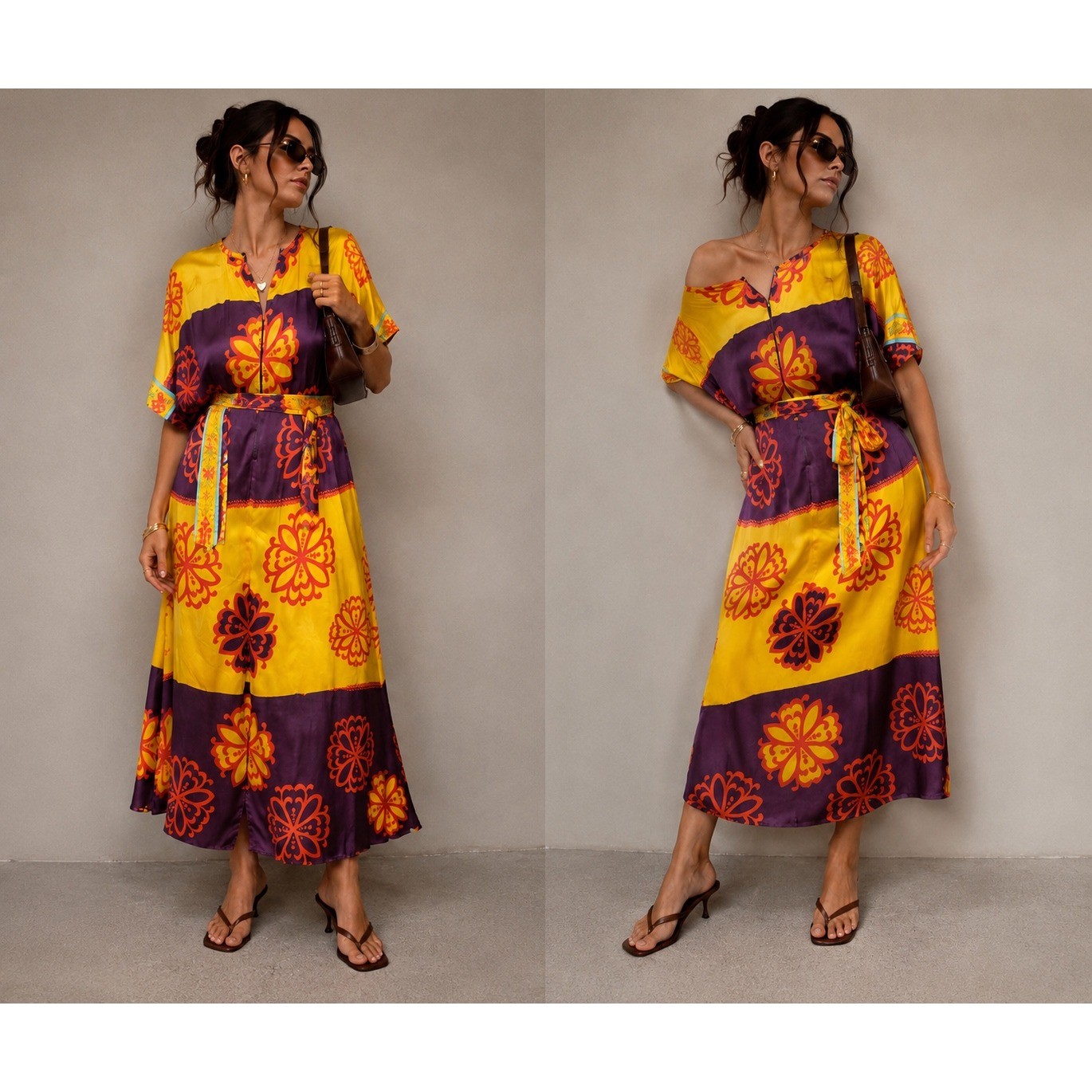 Vintage 1970s Floral Maxi Dress Caftan Purple Yellow Boho Psychedelic ILGWU S-L