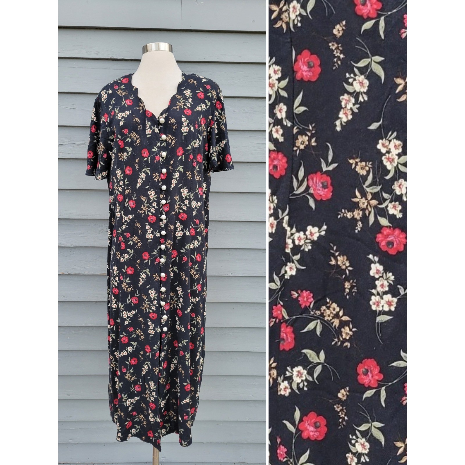 Fashion Bug Maxi Dress Black Red Floral Pearl Button Back Tie Vintage 18/20
