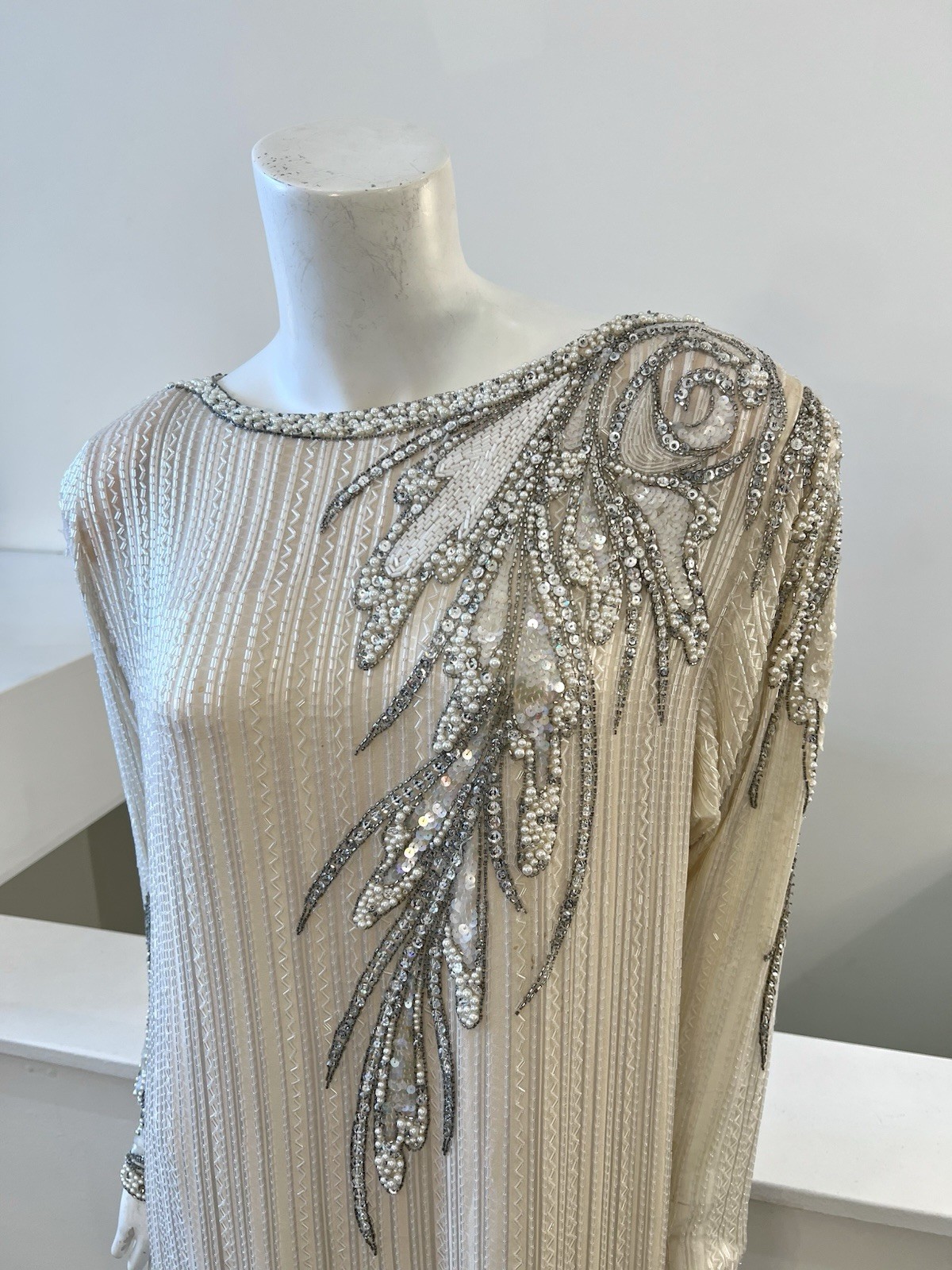 1980s BOB MACKIE Cream & Silver Beaded Silk Evening Dress Size 12