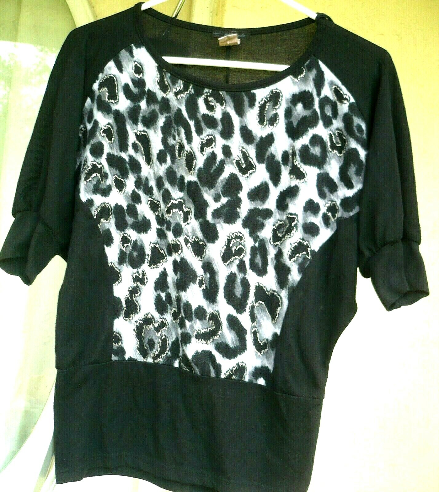 VTG 80S BELINDA XL L BLACK LEOPARD PRINT SILVER SPARKLE METALLIC TOP SHIRT WOMEN
