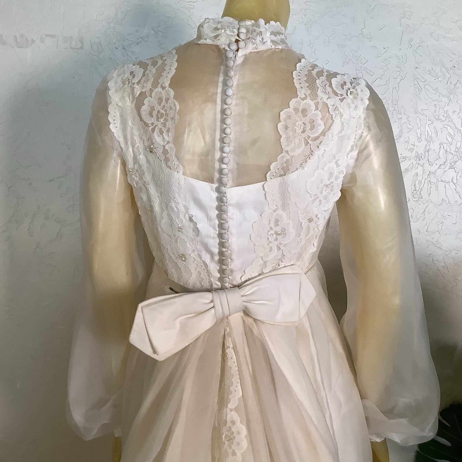 1970s Bridal Originals Regency Inspired Empire Waist Lace Wedding Dress & Train