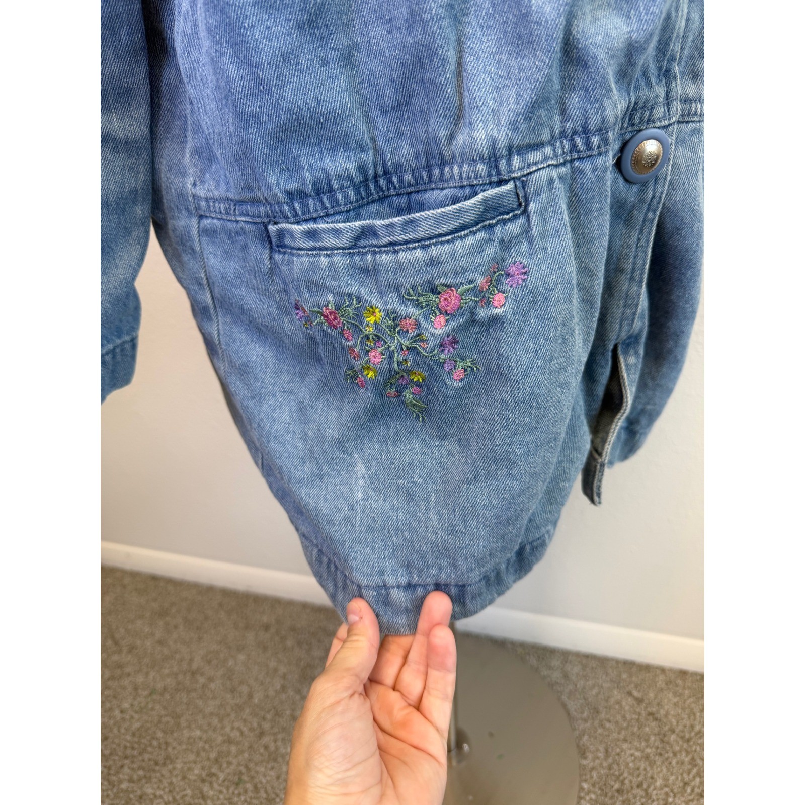 Vtg Button Up Lightweight Chore Jacket Womens Medium Cottage Embroidered Floral
