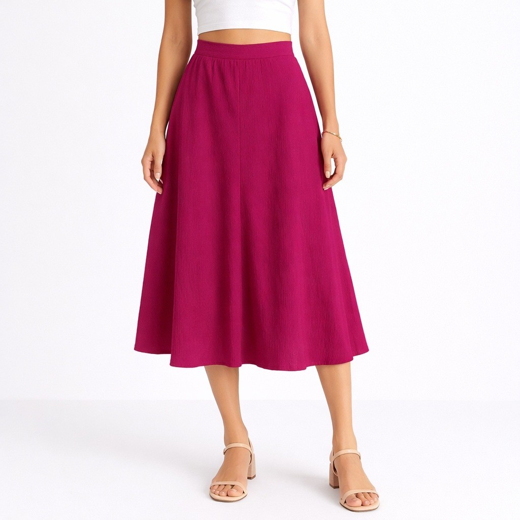 Vintage Magenta Pink Textured Rayon Midi Skirt Elastic Waist Made in USA Size 12