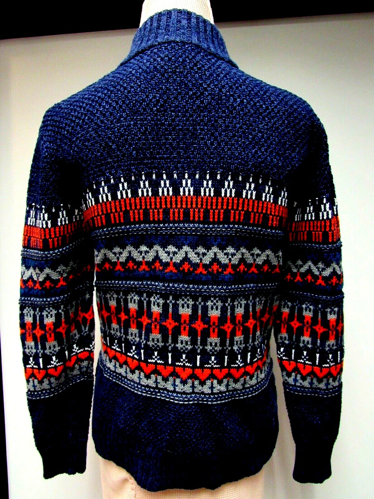 VTG CHEROKEE Cotton Knit Sweater Cardigan Top Geo Orange Gray Navy Blue L EUC