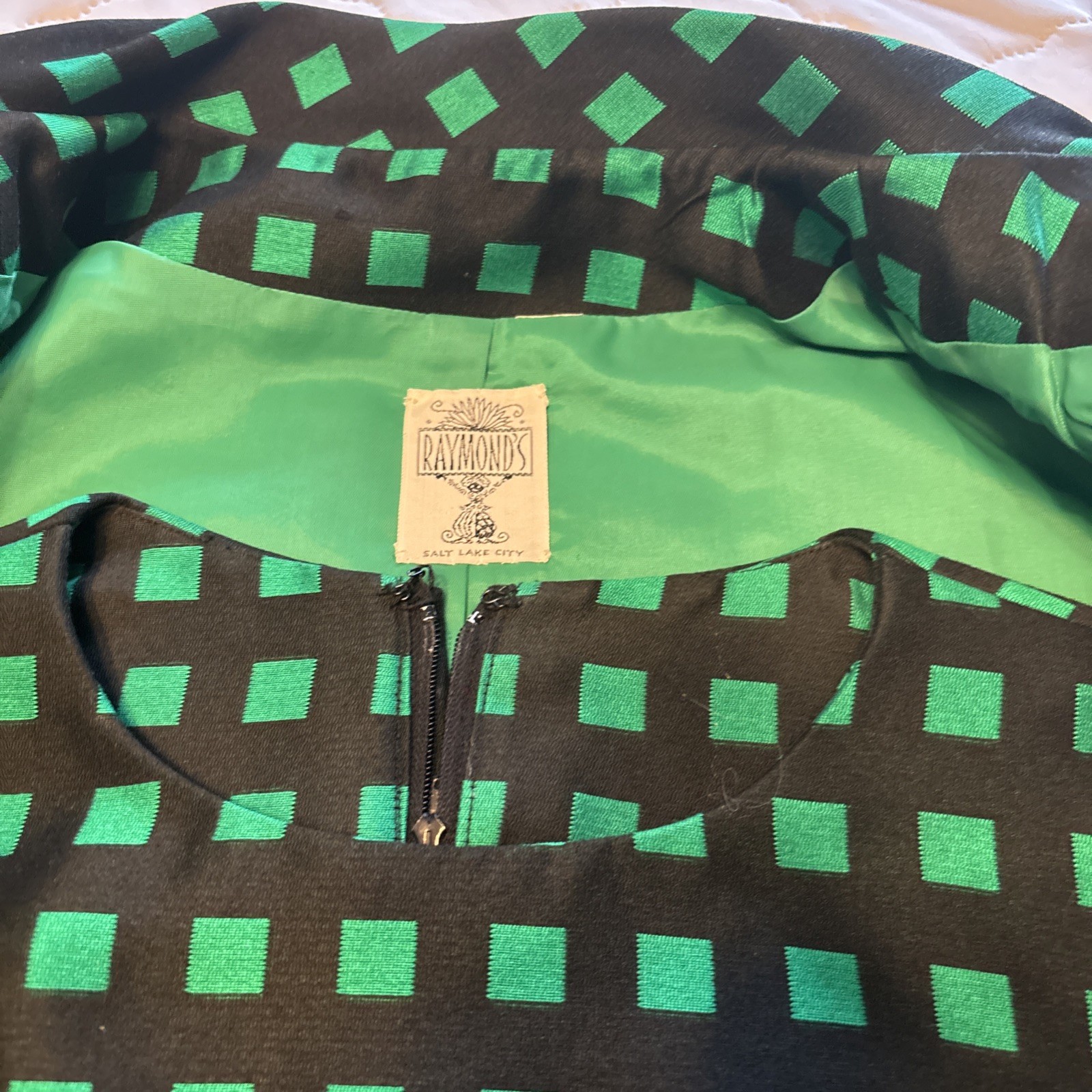 VTG 1960s/1970s Dress W/Jacket Custom Made green/black checked Med. NICE