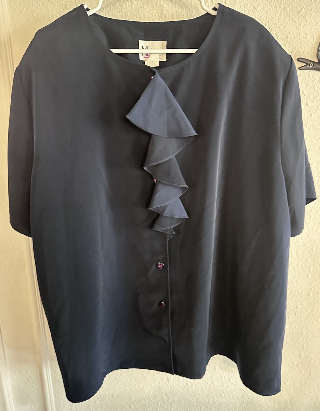 VTG 1990 Maggie Sweet 3X Navy Blue Blouse Ruffle Neck Button Up Shoulder Pads