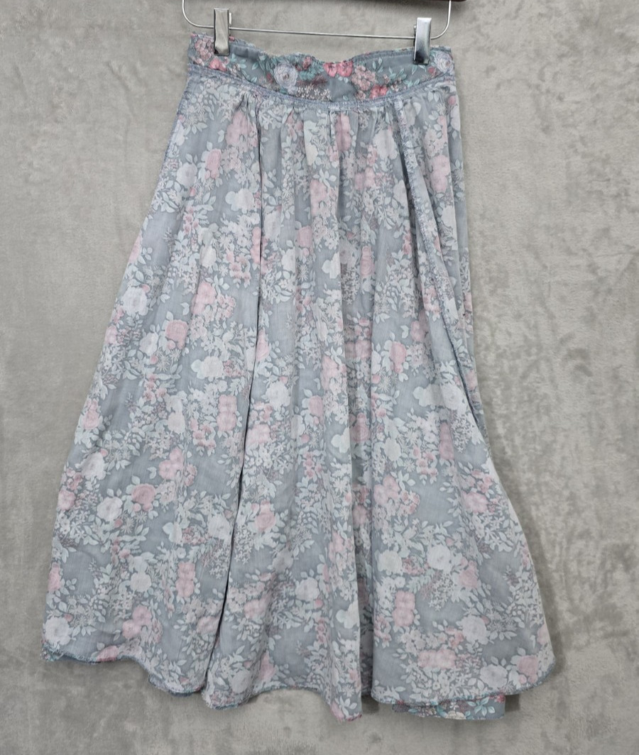 Vintage 80s Kayo of California Floral Midi Skirt Blue Gray Trad Cottagecore