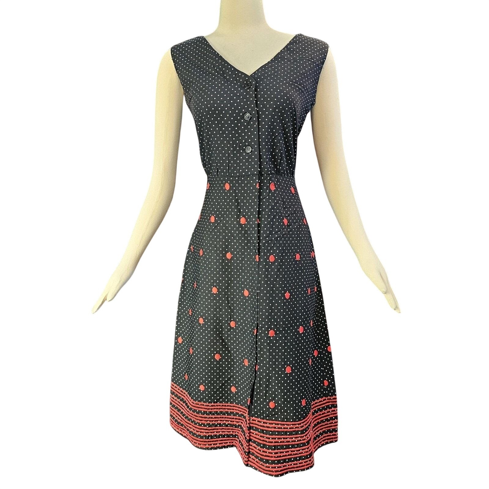 Vintage 1960’s Dress Black Red White Polka Dot Short Sleeve Retro Secretary
