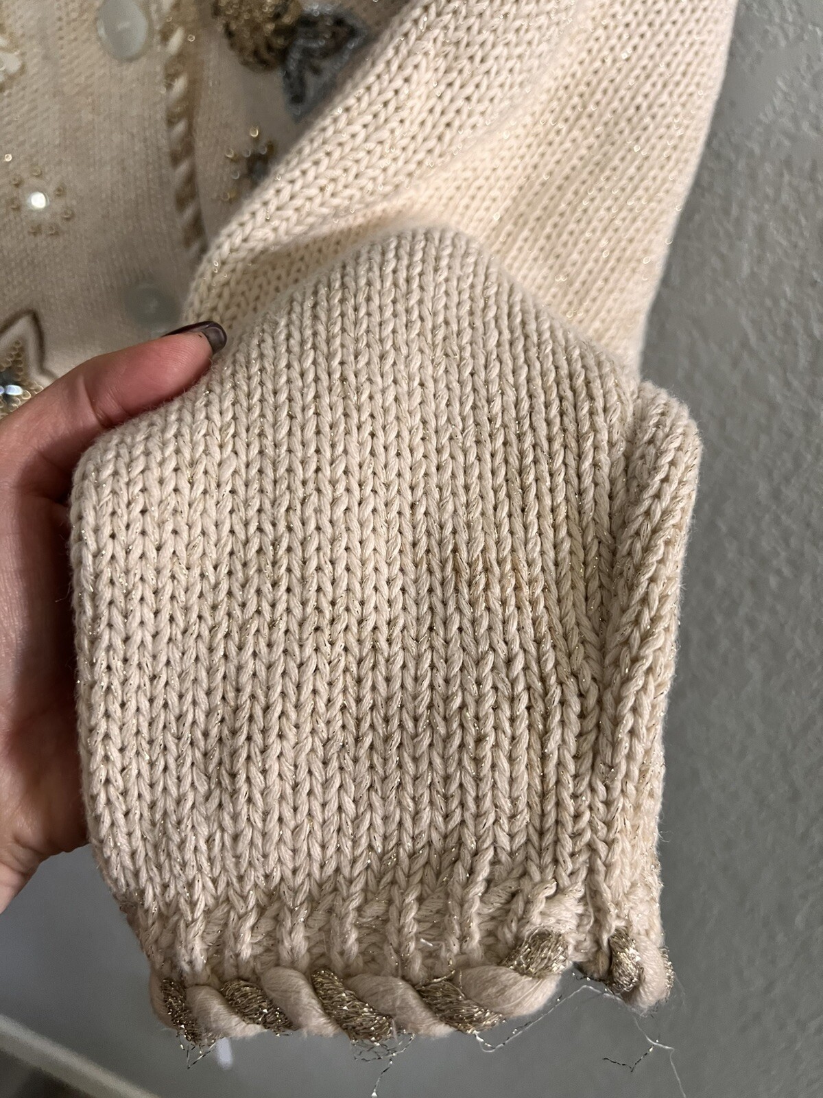 Vintage IB Diffusion Cream Gold Embroidered Bead Sweater Holiday Cardigan – LG