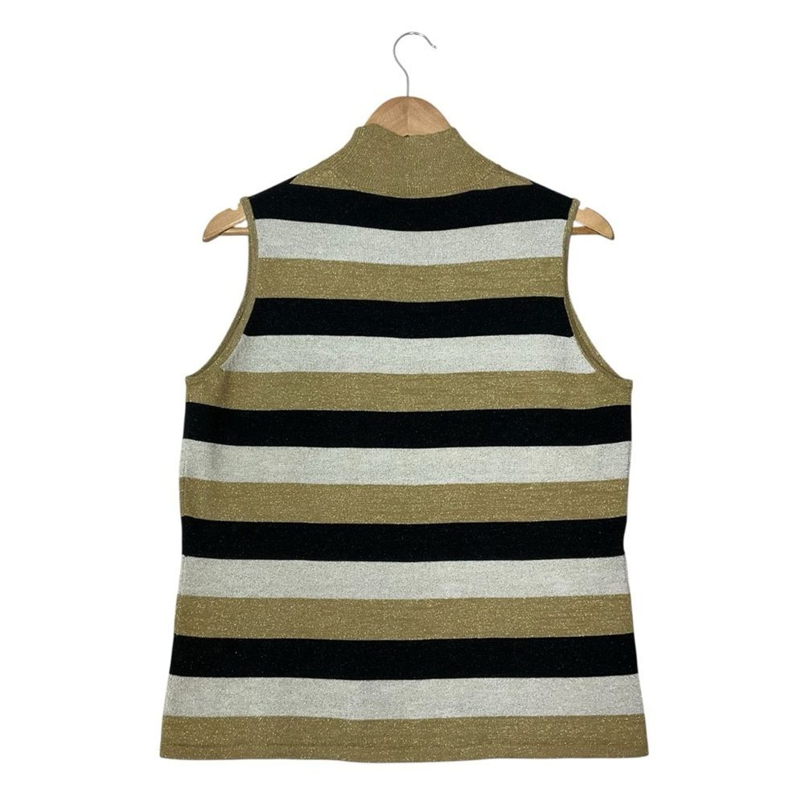 retro vtg Mock Neck Sleeveless Top Metallic Stripes Black Gold Cream Hong Kong