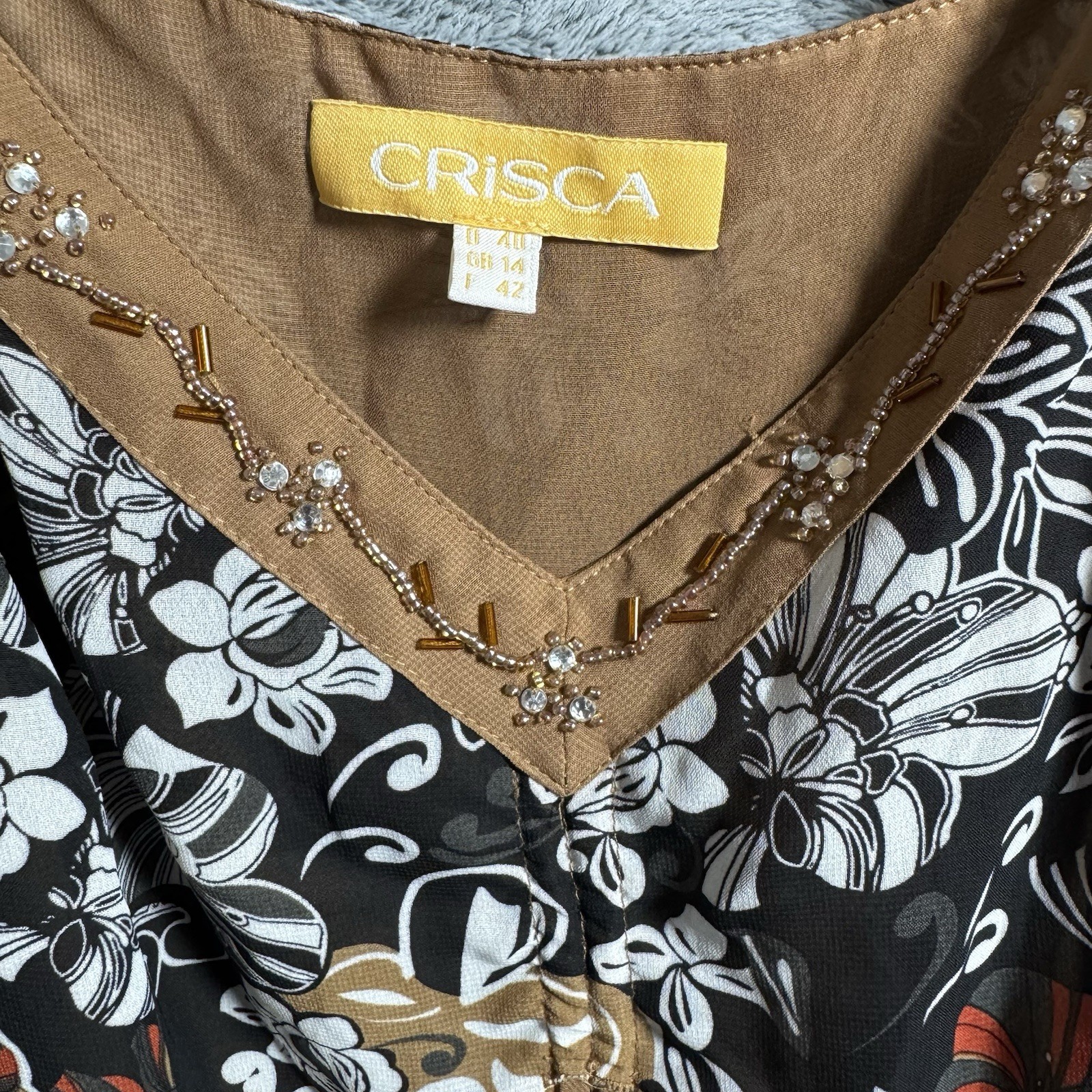 Vintage Crisca Women’s Dress US 40=Size 8/10 Floral Neck Beaded Flowy Retro Boho
