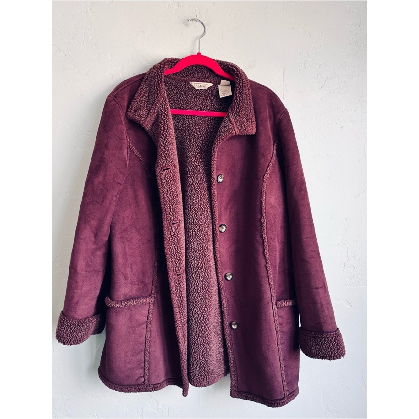 Vintage L.L. Bean Women Burgundy Faux Suede Sherpa Lined Coat Jacket Size XL EUC