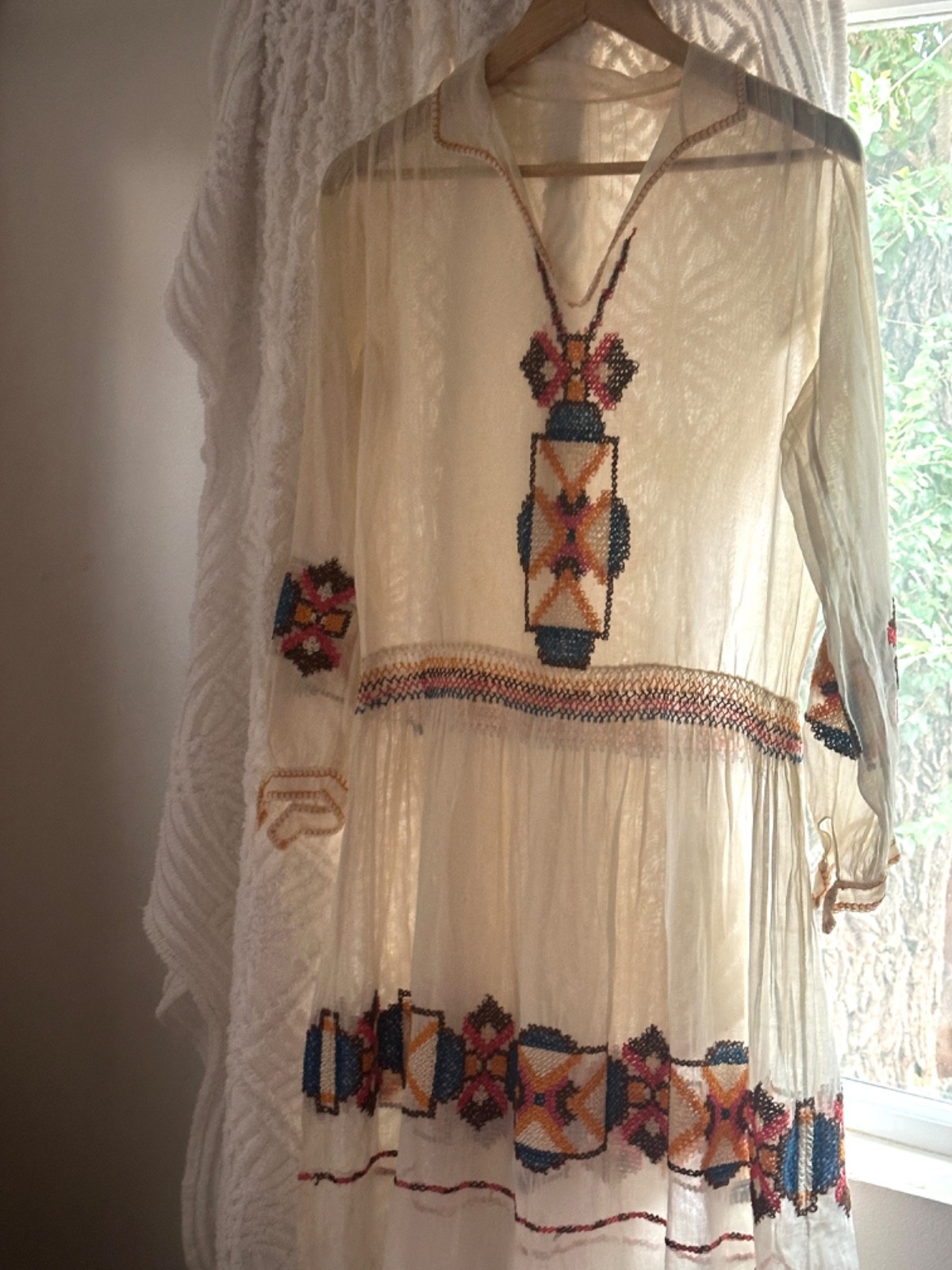 VINTAGE 20s Dress Embroidered Hungarian Peasant Dress Sheer Cotton Smocking
