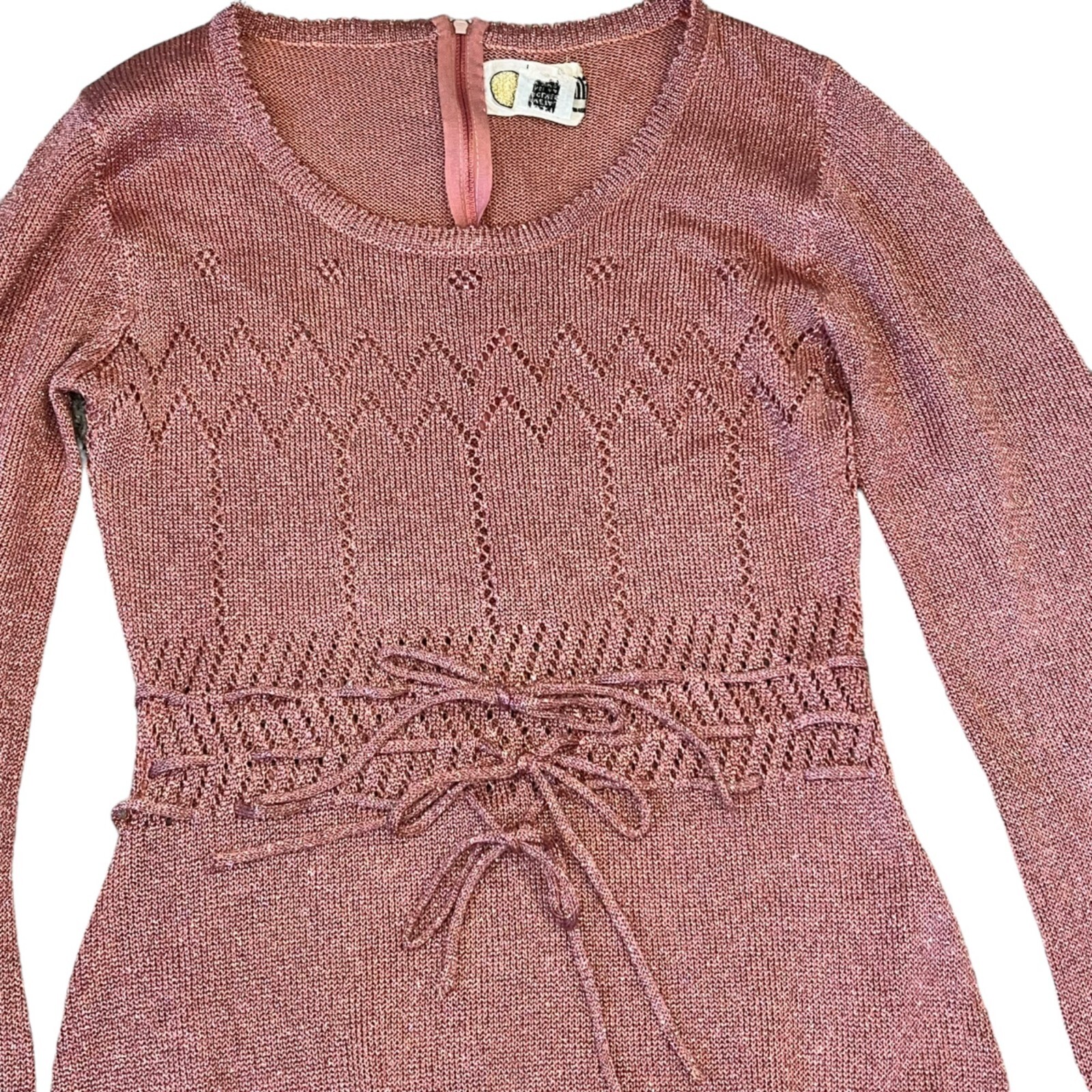 Wenjilli 70s Rose Pink Maxi Metallic Knit Wiggle Dress Balloon Long Sleeve 7/8