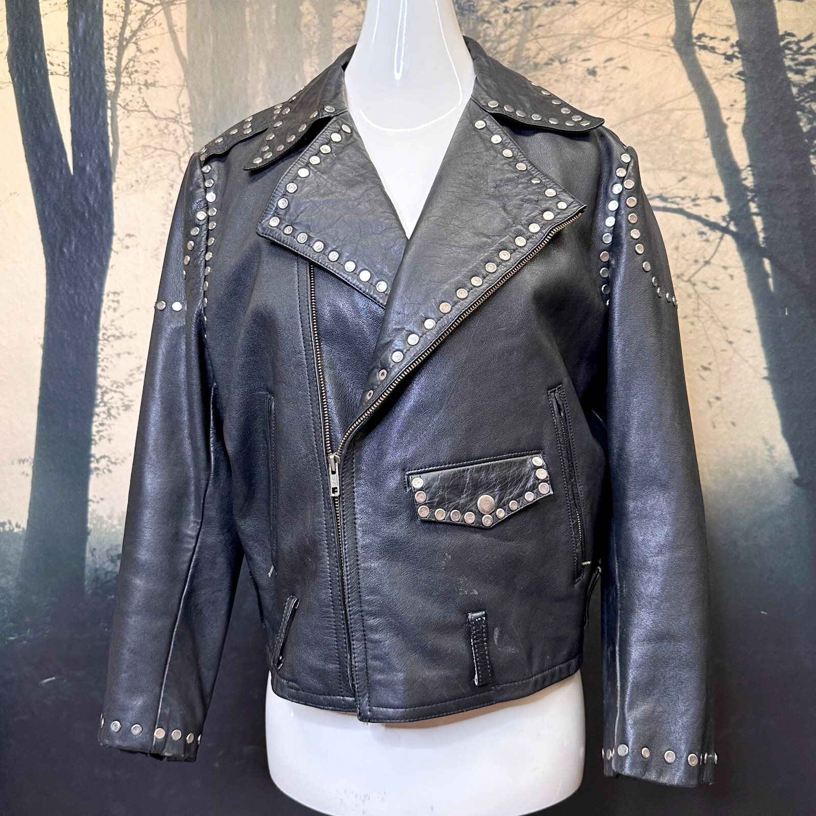 Vintage Leather Motorcycle Jacket 90s Black Studded Biker Punk Coat L/XL