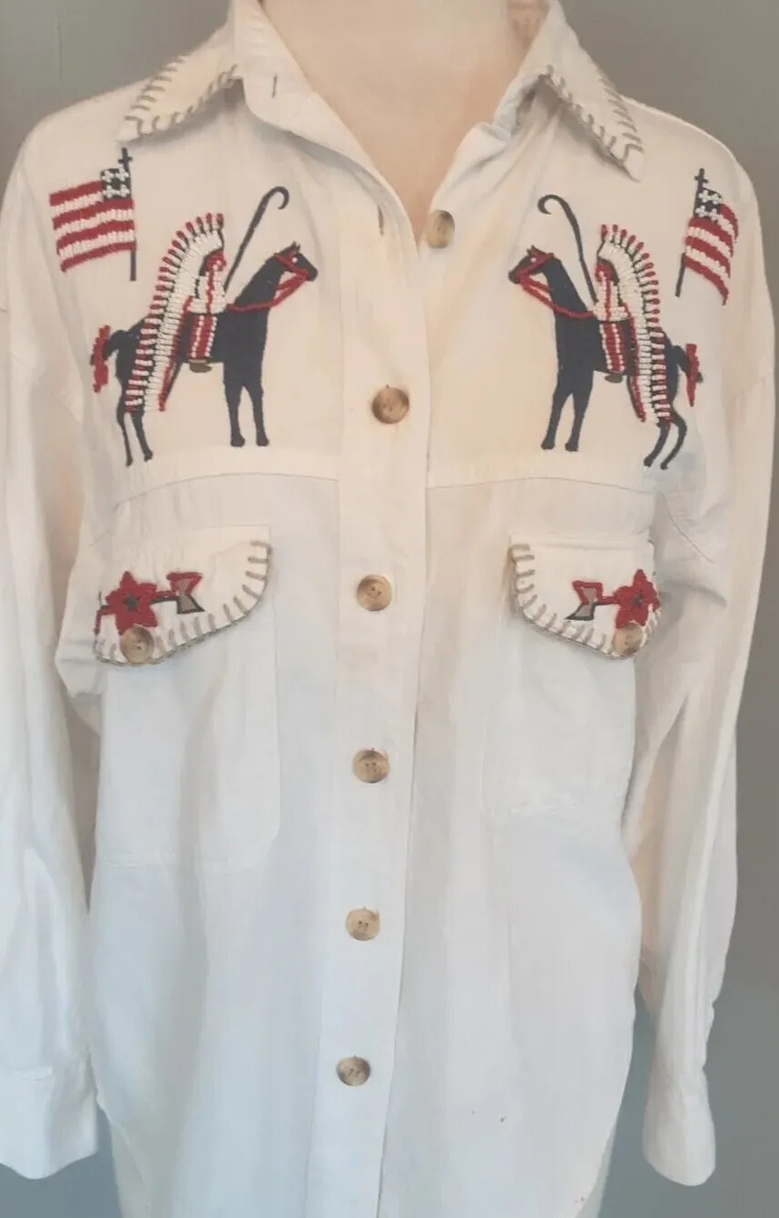 VTG/RARE•BEADED WESTERN SHACKET•INDIAN CHIEFS•HORSES•FLAGS•SZ S-M•CAMBRIDGE CO.