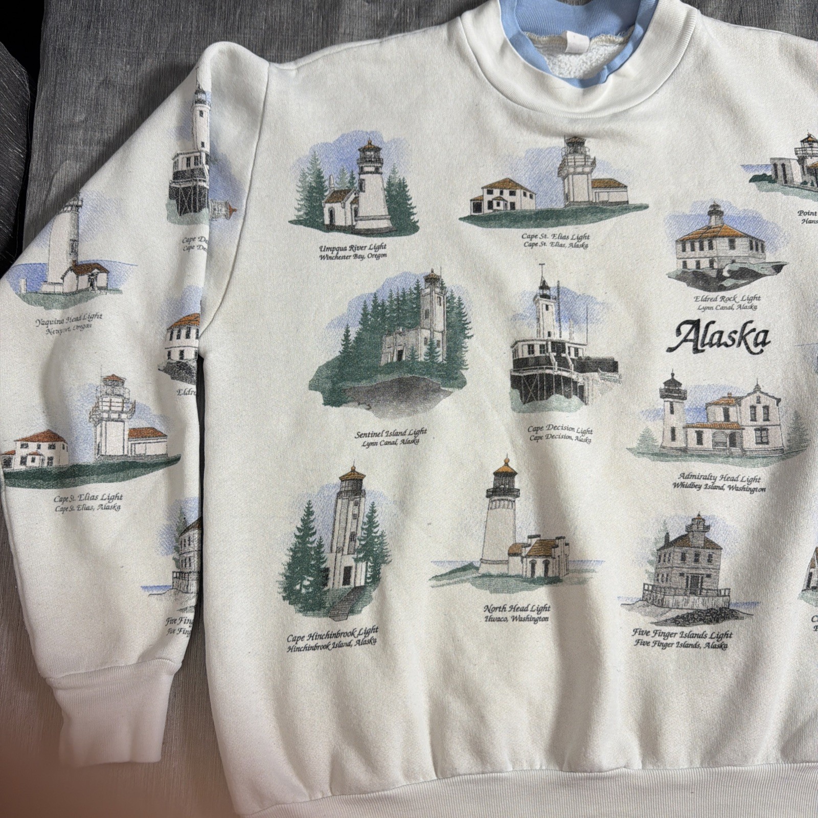 Alaska Lighthouses AOP Womens L Crewneck Sweater Ivory Blue Collar Vintage 90s