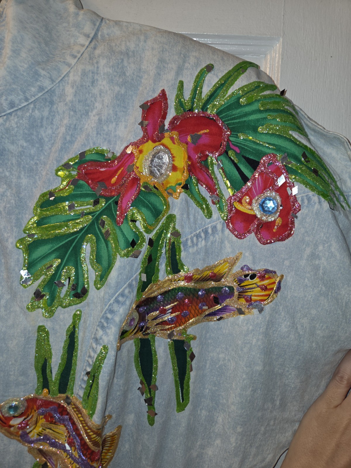 Vintage 80’s OOAK Handpainted Janika Designs Denim Jumpsuit. Fish. Art To Wear M