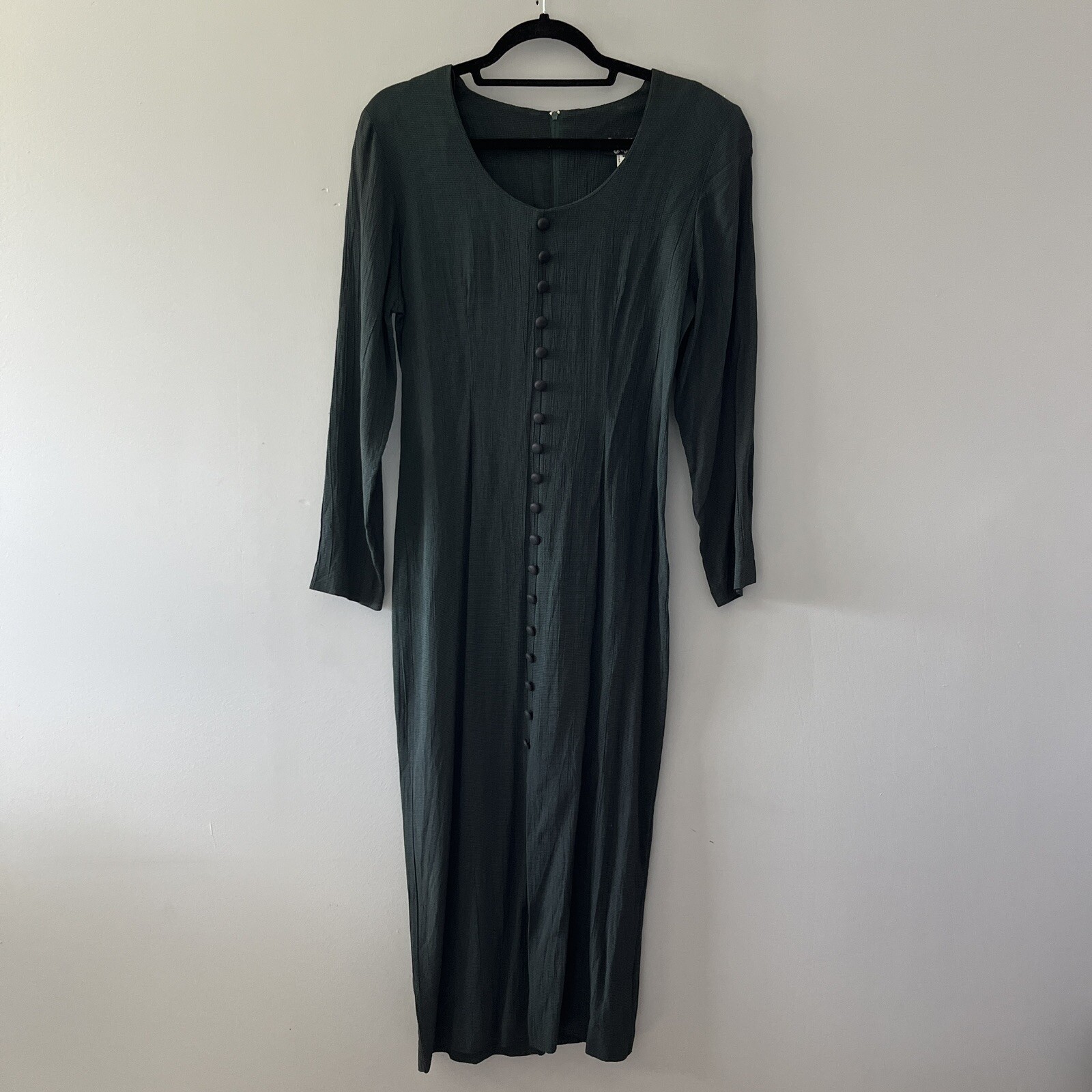 Vintage Dawn Joy dark green houndstooth plaid midi dress long sleeve