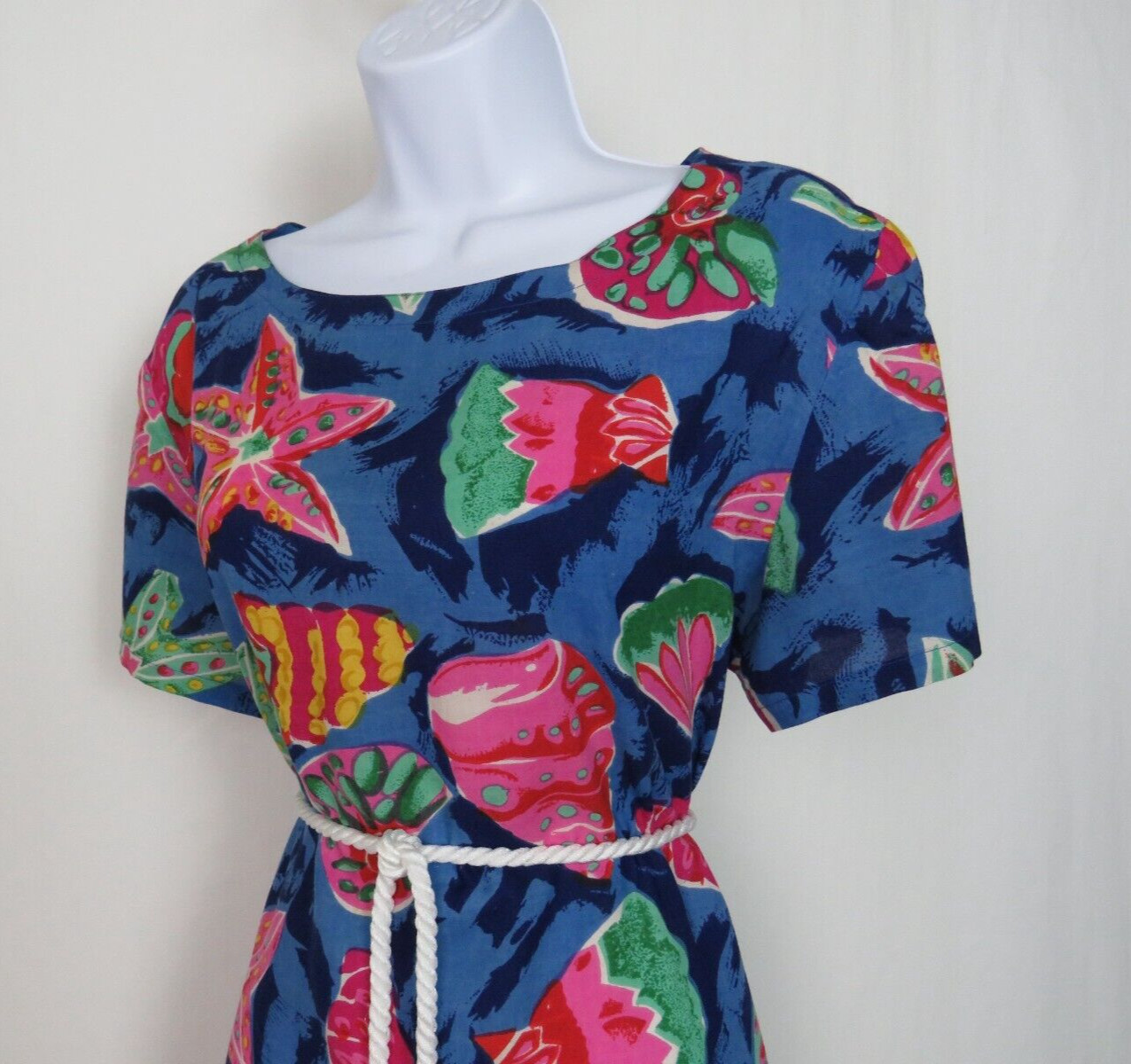 VTG 1990s PEPPERMINT BAY TROPICAL OCEAN DRESS STARFISH SEA SHELLS ROPE BELT