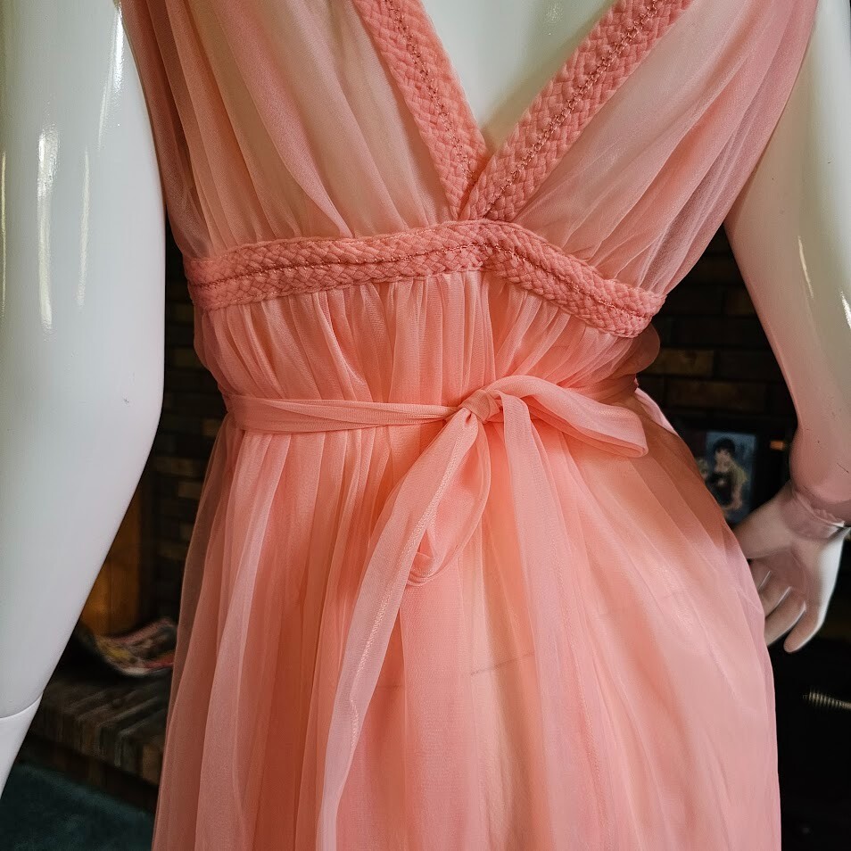 Vtg 60s Candy Pink Sheer Double Chiffon Grecian Pinup Nightie Pajama Dress S/M
