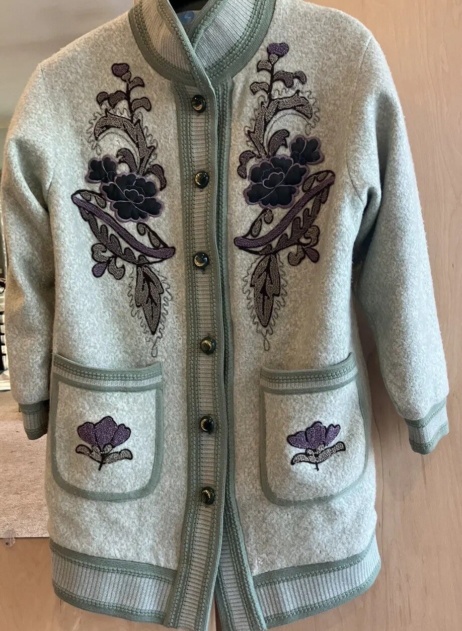 Vtg 80s Wool Cardigan Sweater Lined Embellished Embroidered Appliquéd Large