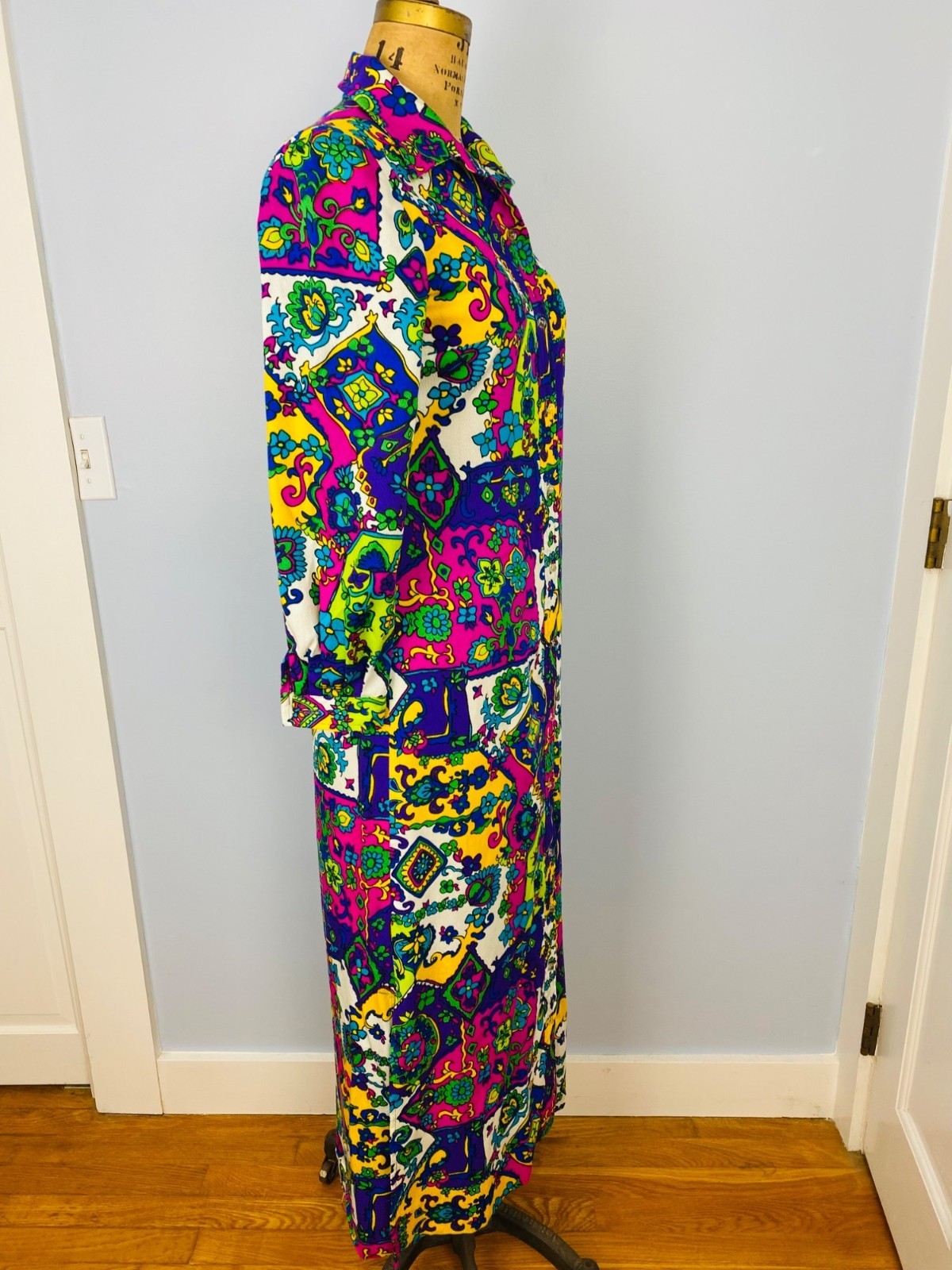 Vintage 1960s Prestige of Boston Colorful Maxi Dress, Size S/M, Button Front