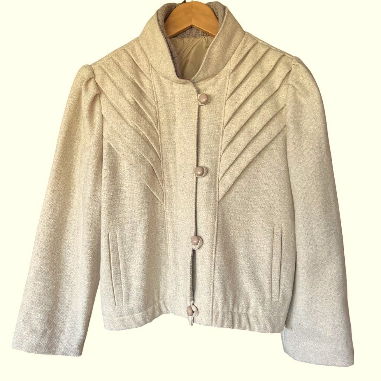 Vintage 70s Cream Wool Pleated Sunburst Jacket Puff Shoulder Quiet Luxury