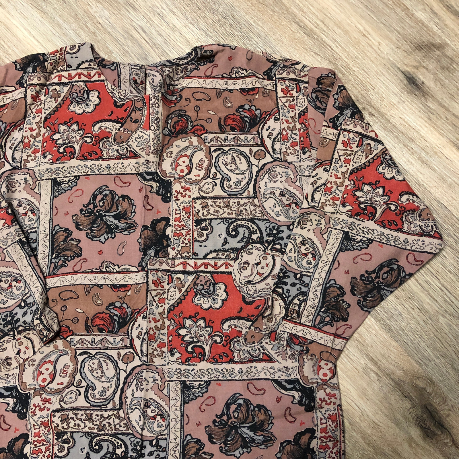 Vtg Paisley Persian Rug Print Batwing Dolman Sleeve Oversize Shirt Blouse Top S