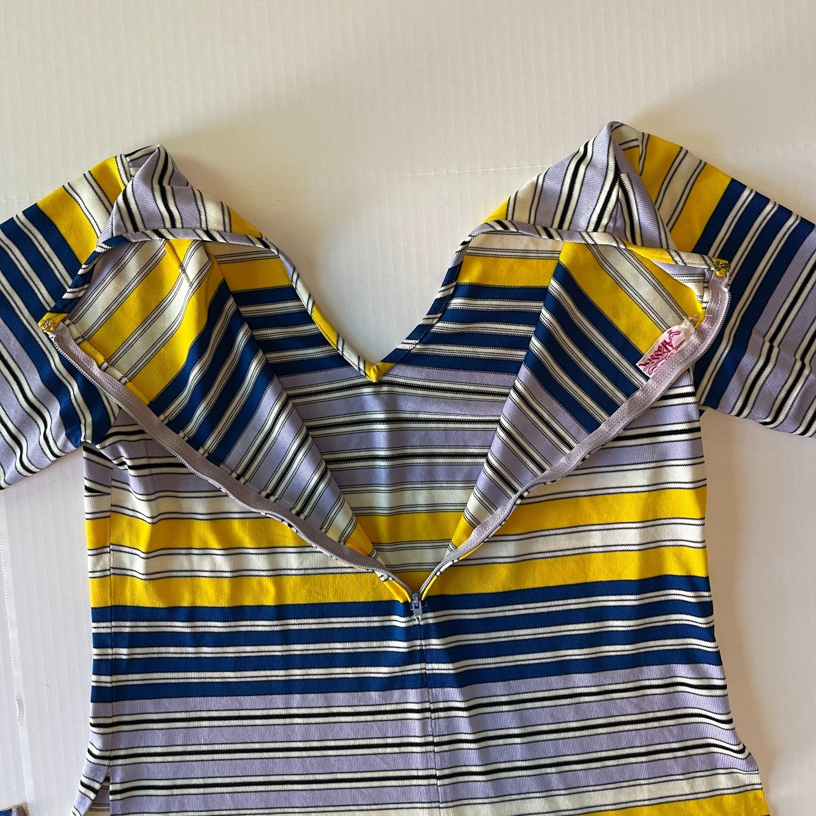 Vintage 60s Aladdin Striped Top Blouse Yellow Blue Purple V-Neck with Waist Tie