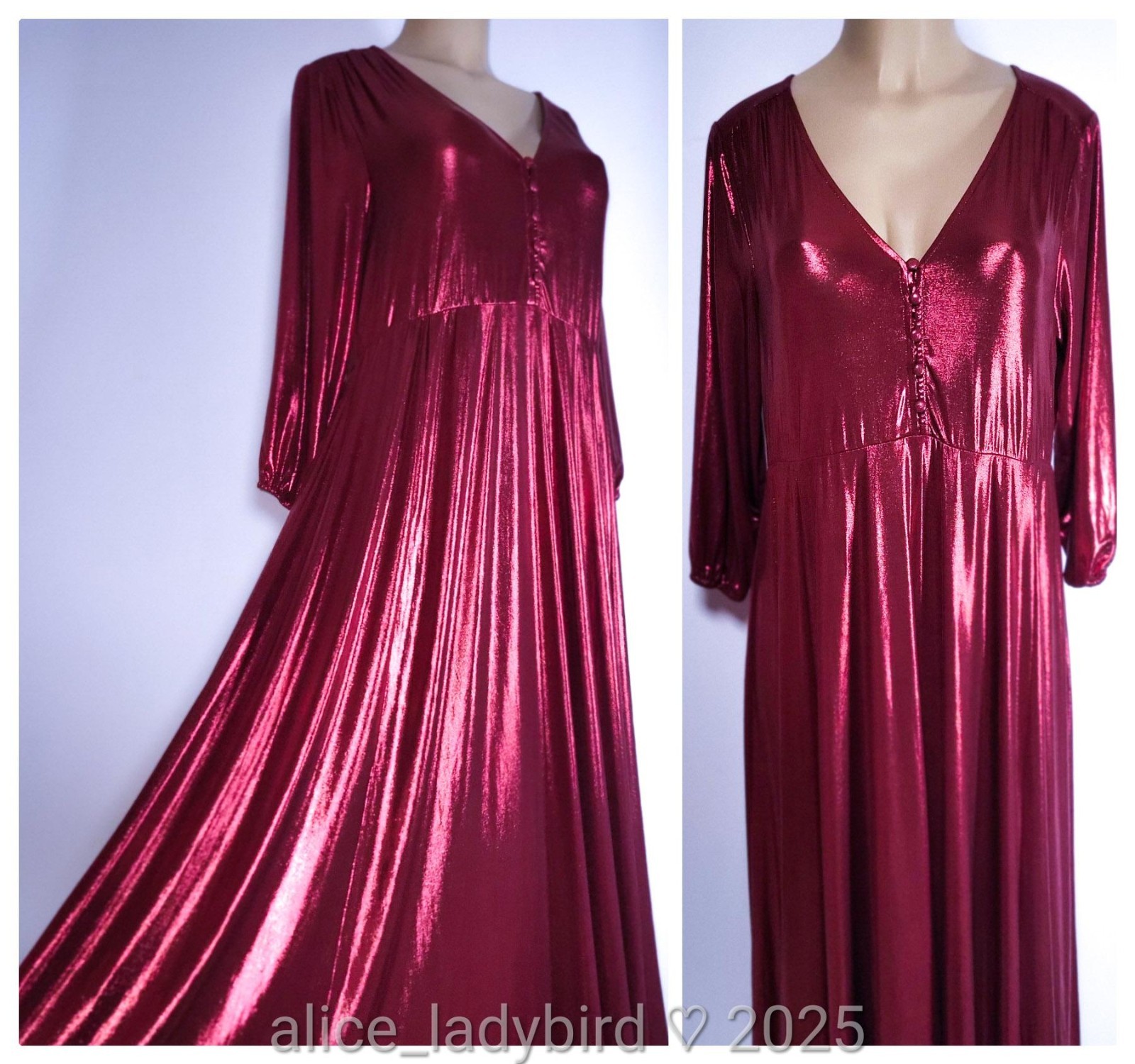 Liquid METALLIC Slip DRESS Foil SATIN Shiny Blouse Top Vintage Long ~XL 42-44