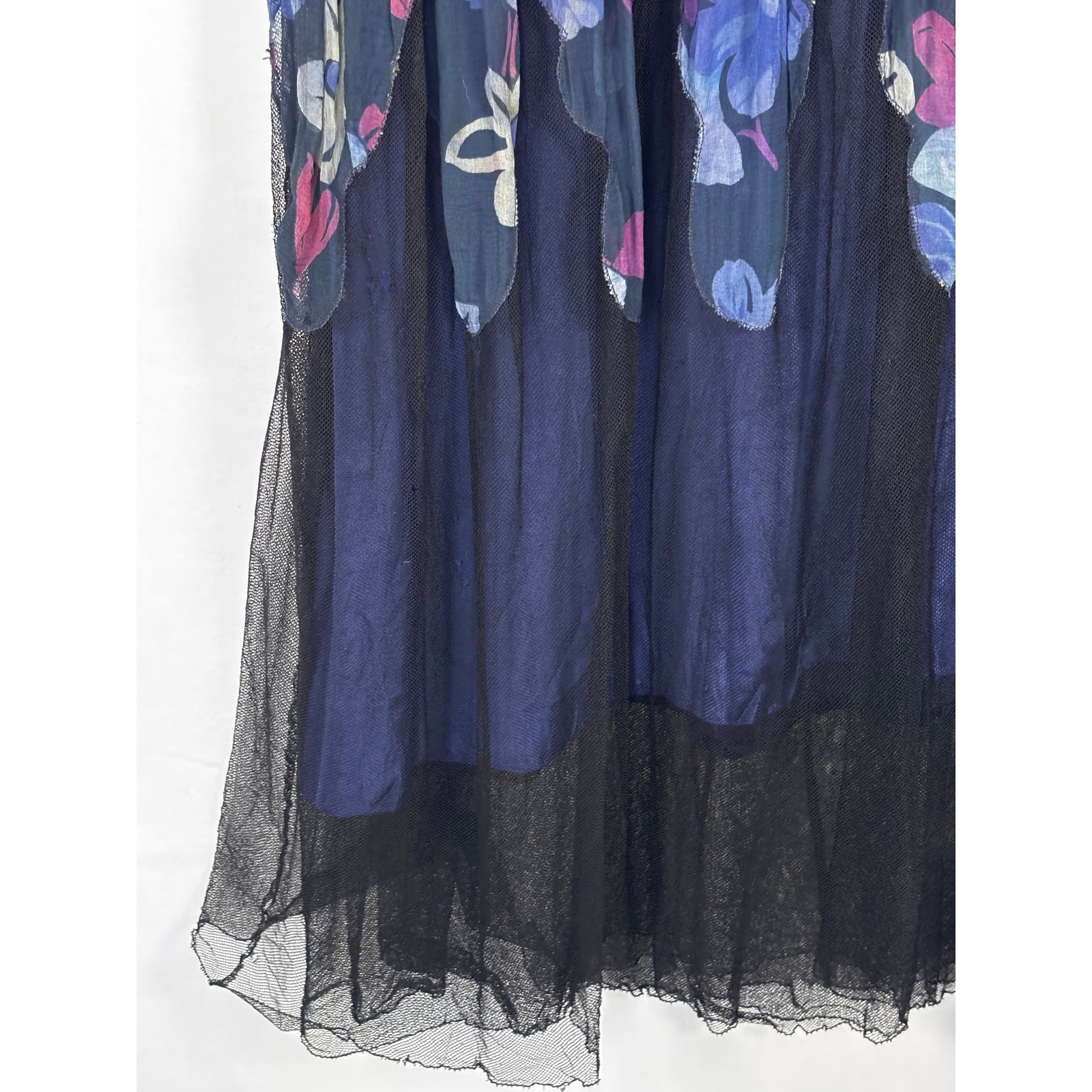 Antique 1920s Navy Floral Silk Dress Flapper Era Flutter Sleeve Drop Waist