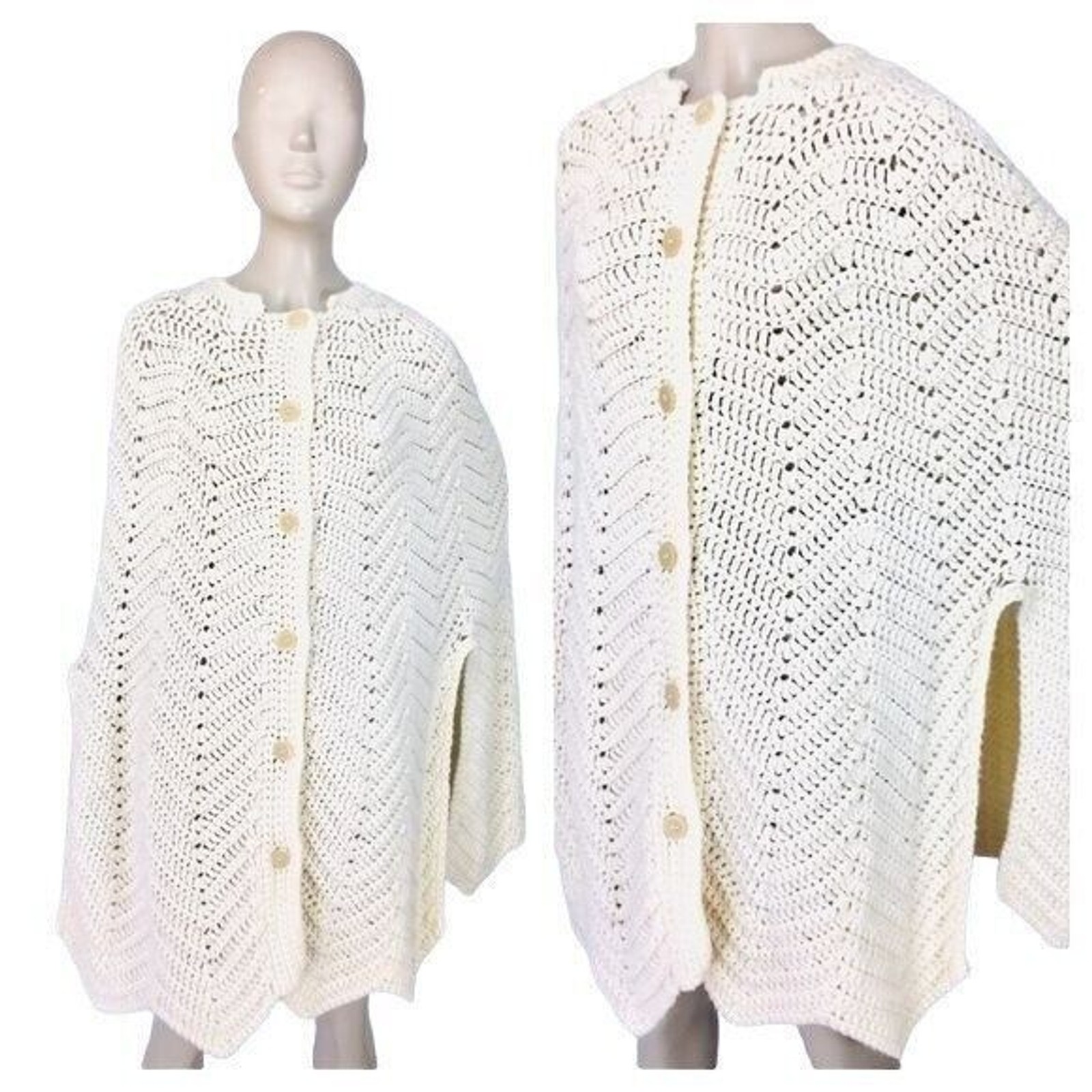 Vintage 70s Boho Hippie Creme Crochet Knit Bohemian Poncho Cape Long Sweater