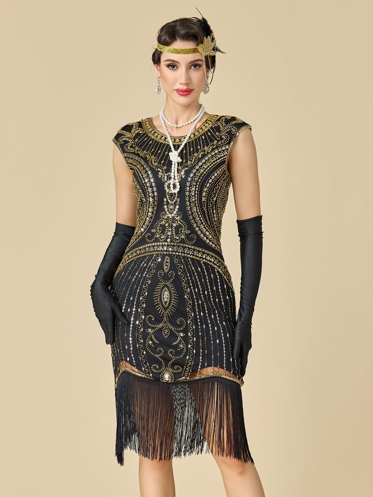 1920s Women’s Flapper Dress Great Gatsby Sequin Fringed Cocktail Outfit + Access