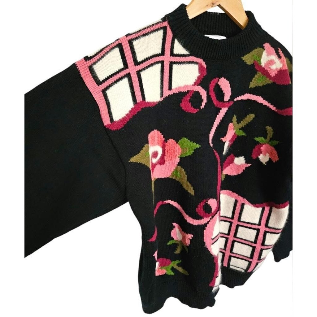 Vintage Emanuel Donna Pink Black Chunky Knit Floral Coquette Crewneck Sweater L