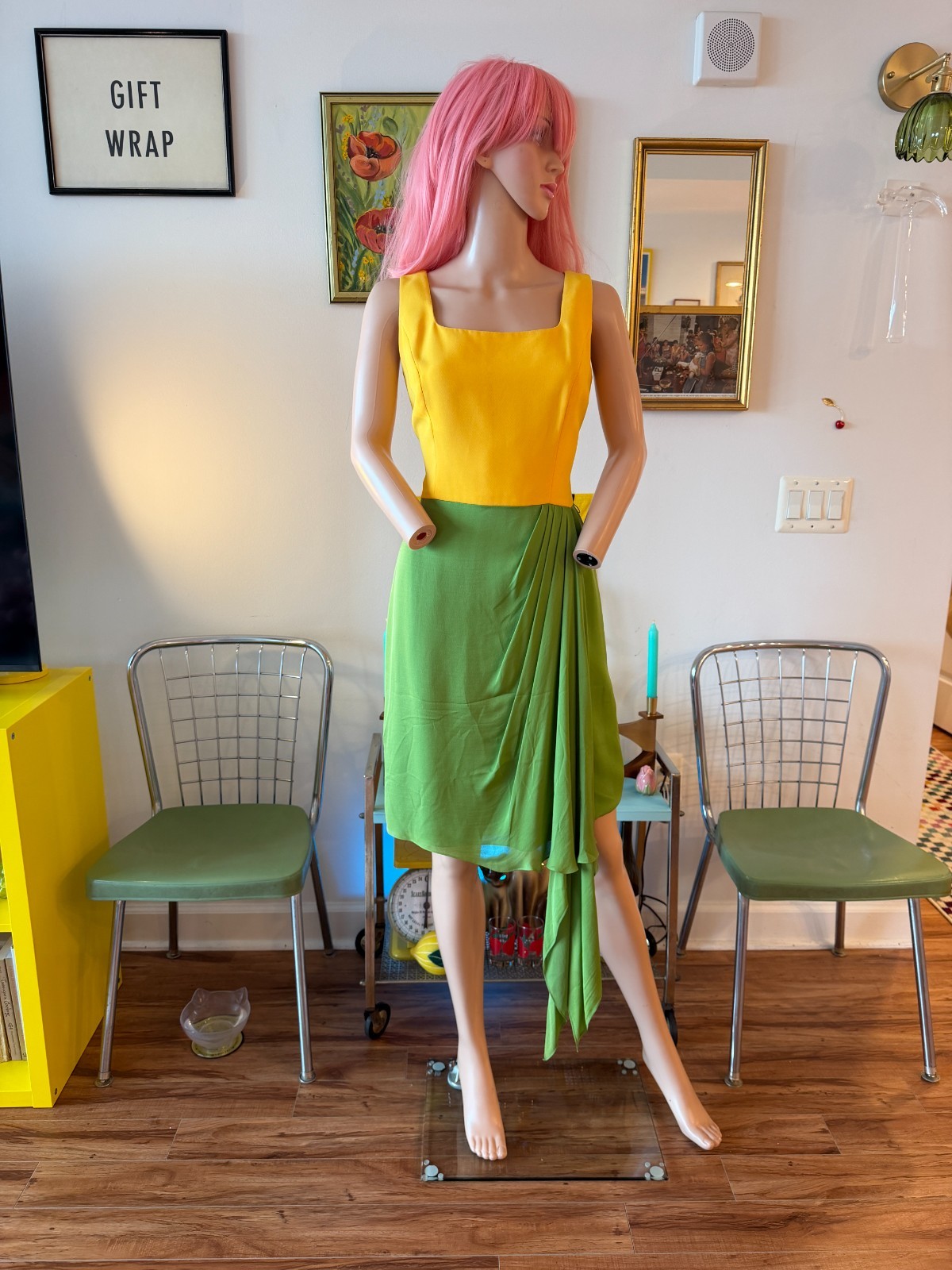 🌼 Vtg 90s Bill Blass Evening Silk Colorblock Cocktail Dress Marigold Dress M