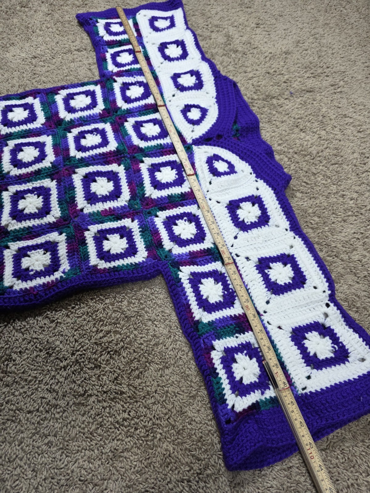 VTG. Handknit Dress Long Tunic Handmade Purple White Green Boho Hippie Size S