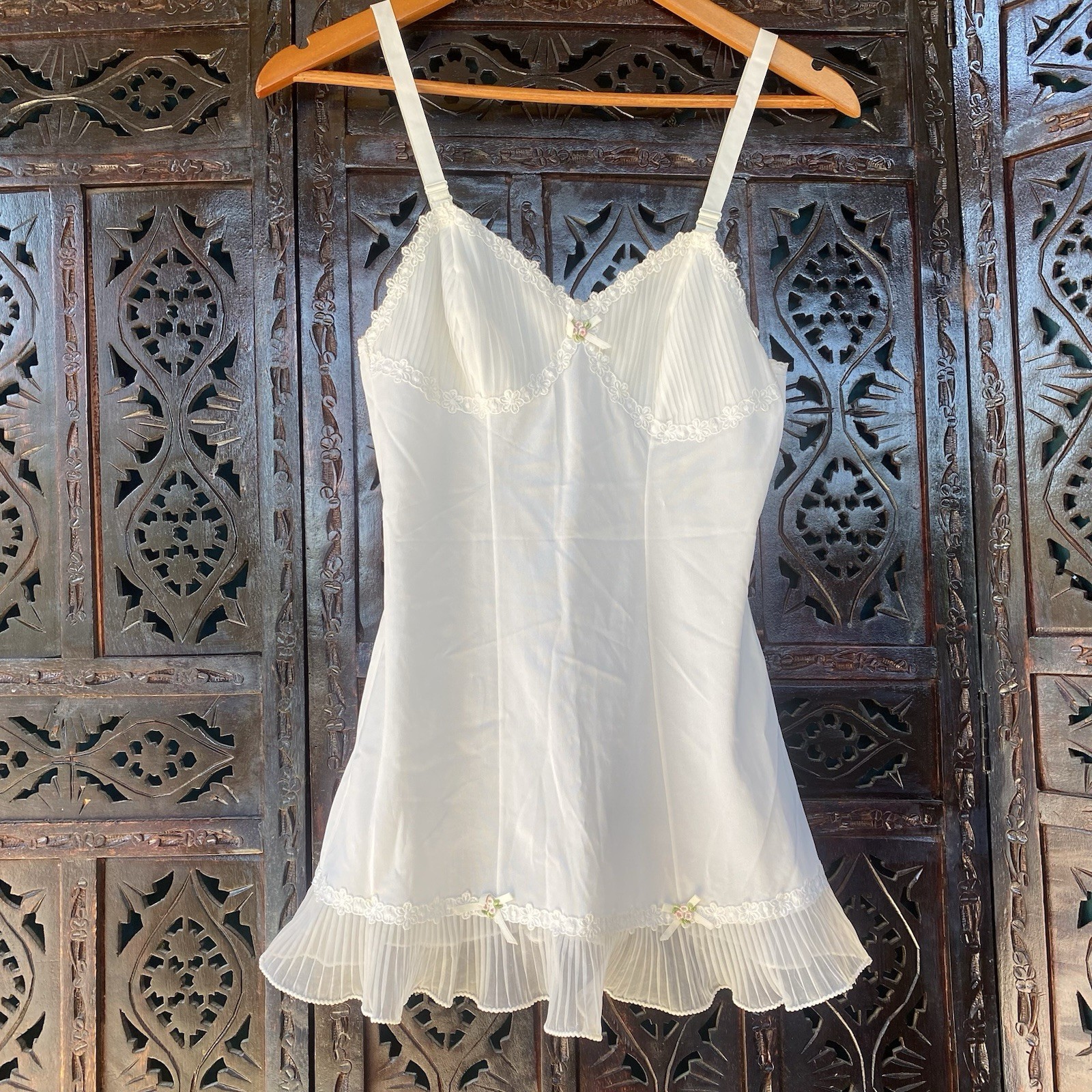 VTG Ivory Lace Mini Nightgown Slip Dress Womens S Ruffle Boudoir Cami Coquette