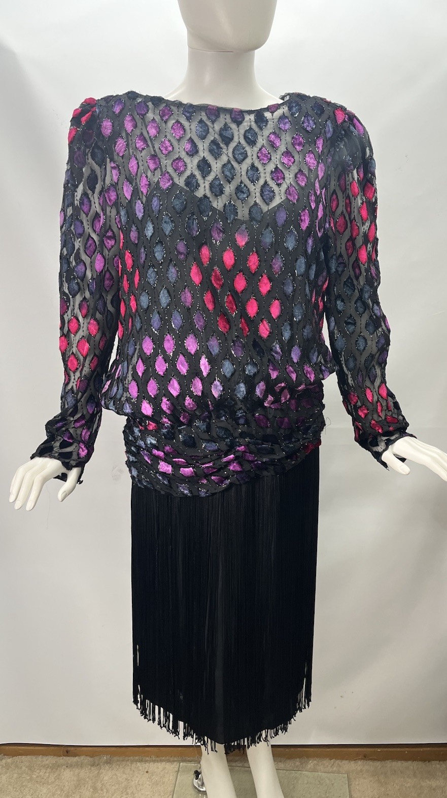 Vtg Matti Of Lynne By Pina LoVoi? Geometric Velvet Fringe Flapper Party Dress ML
