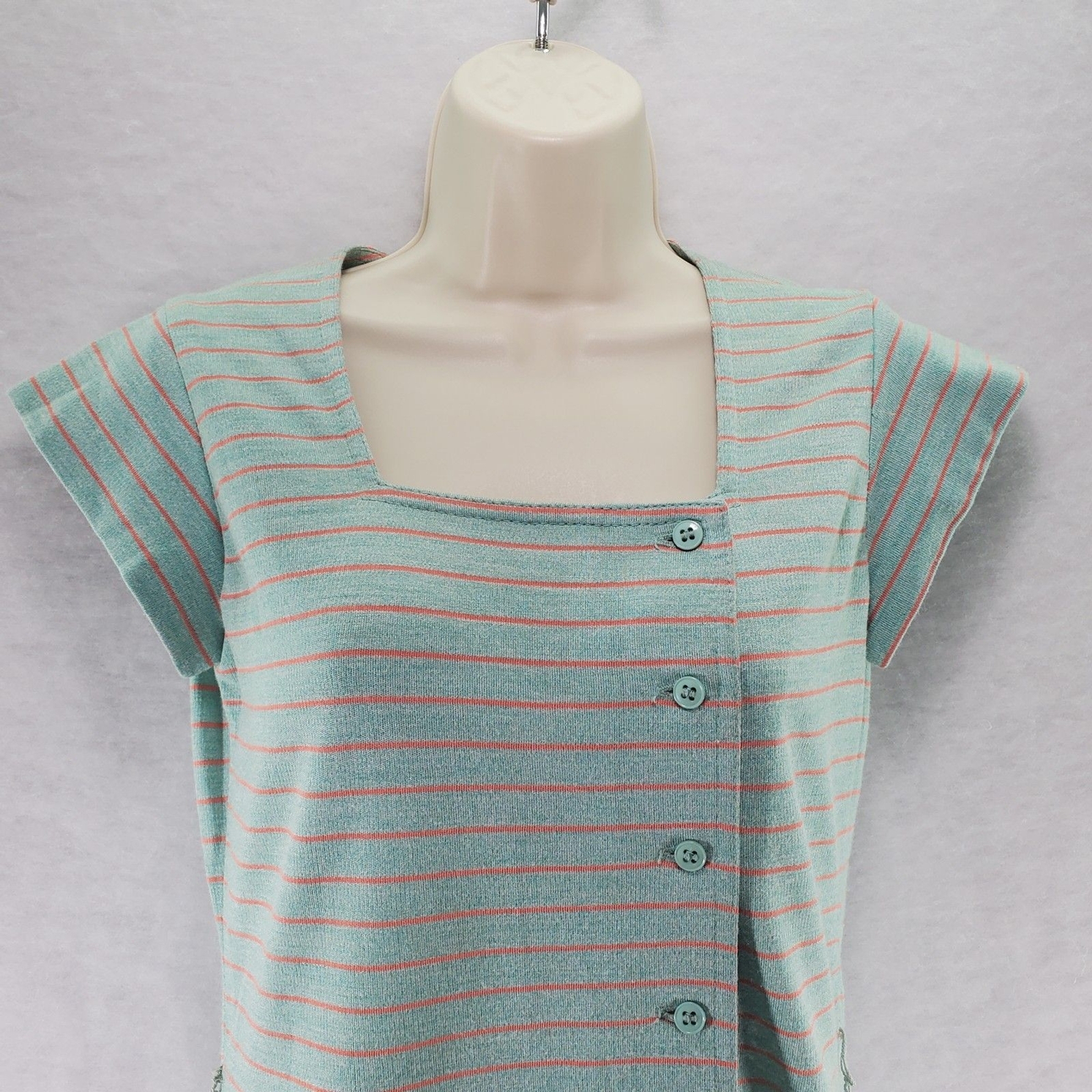 38 Vintage Leslie Fay Knit Rayon Button Up Dress Short Cap Sleeve Square Neck