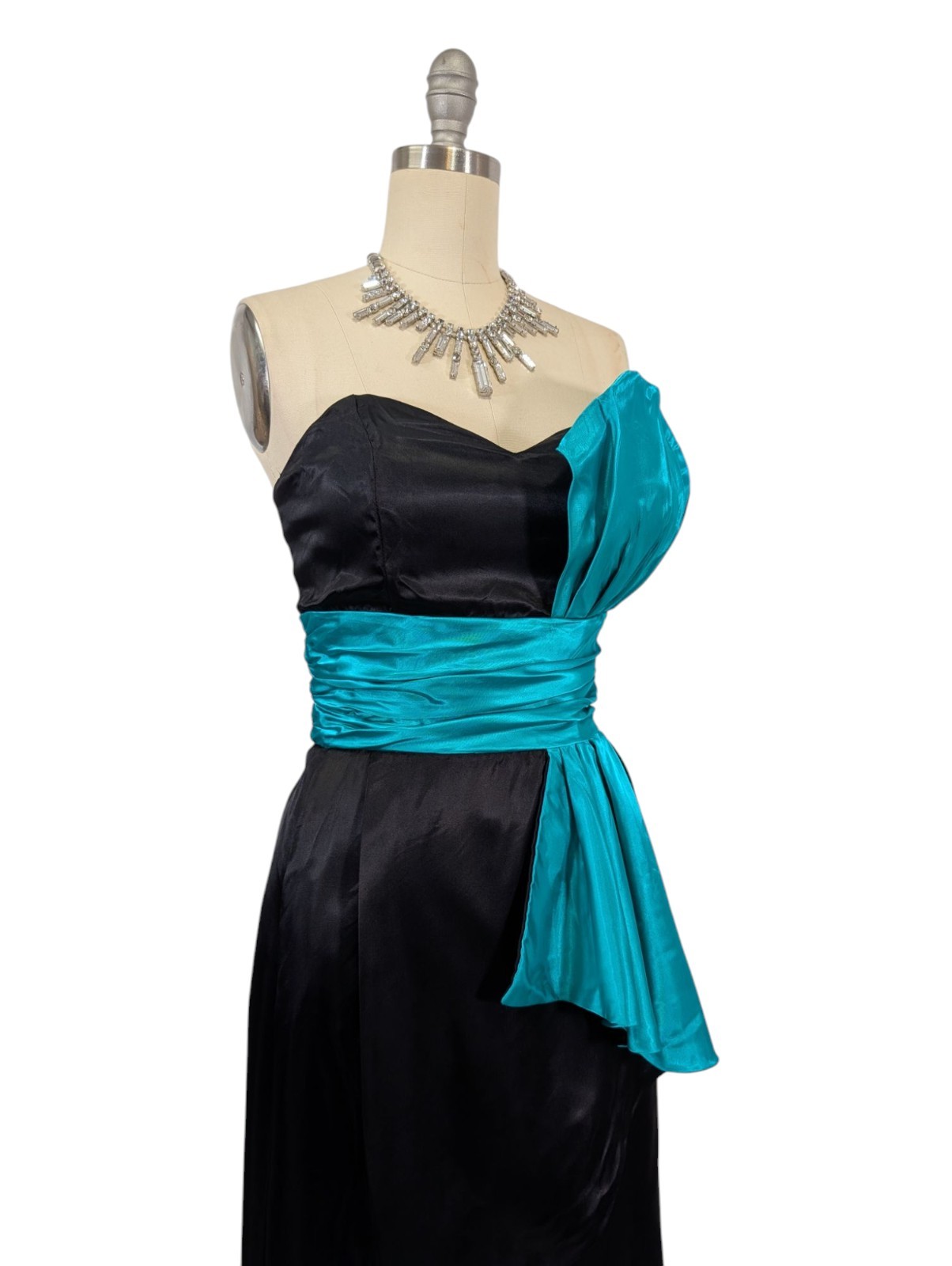 Vtg 80s Prom Dress XS Black Teal Strapless Avant Garde Maxi Glam Satin Hi Low