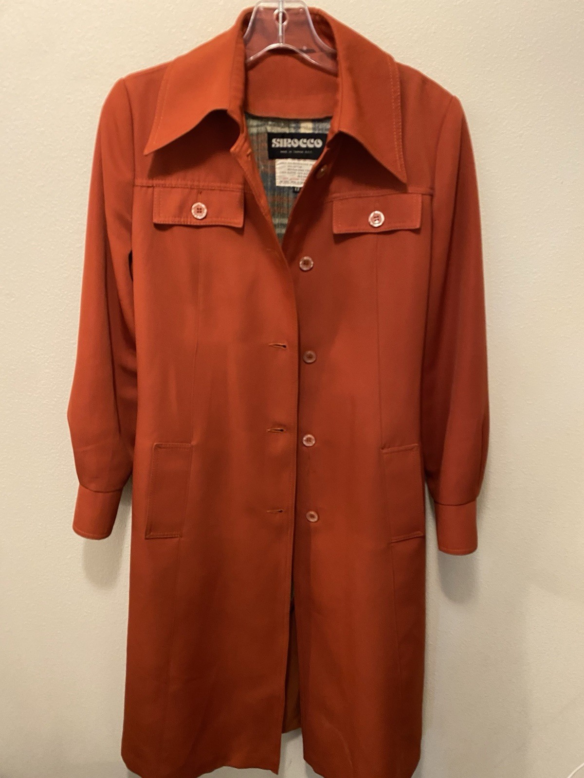 Vintage 1970s Sirocco Rust Orange Trench Coat Plaid Lining Belt Sz 12 Exc