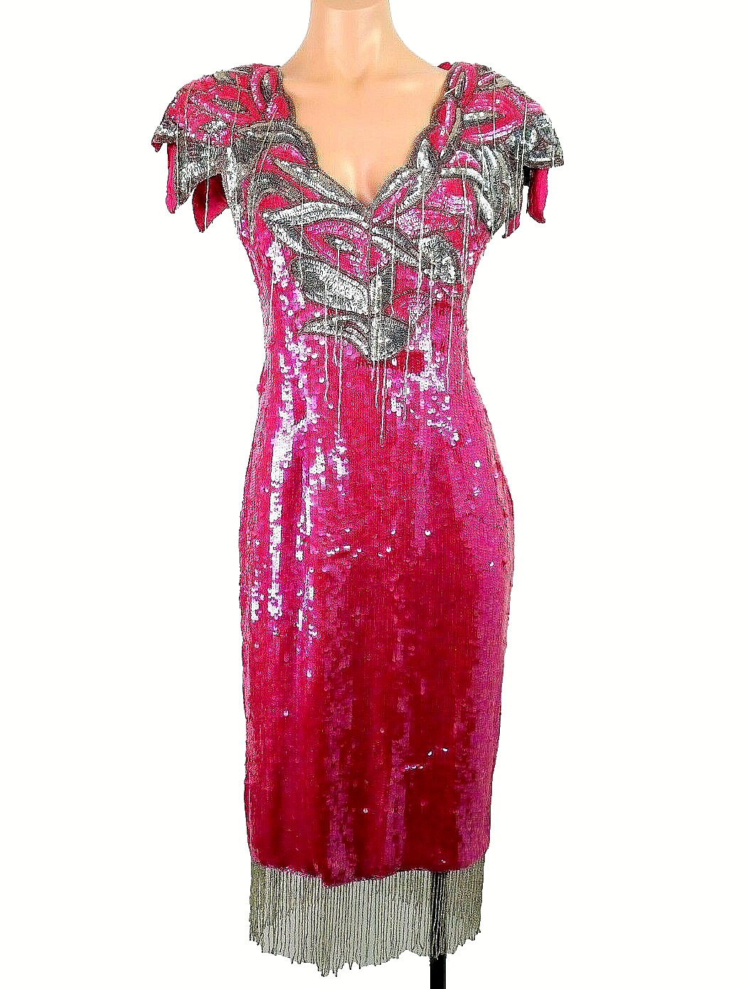 Gatsby Party Beaded Sequin Vtg 80s Flapper Tassel Pink Trophy Dress Silk Sz M
