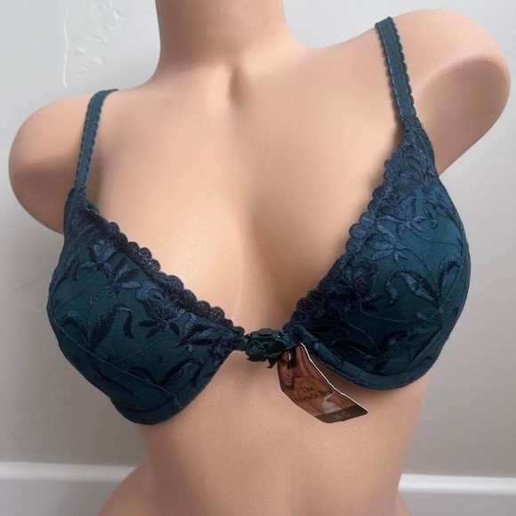 Vintage 90’s Victoria’s Secret Miracle Bra sz 36C forest green embroidered