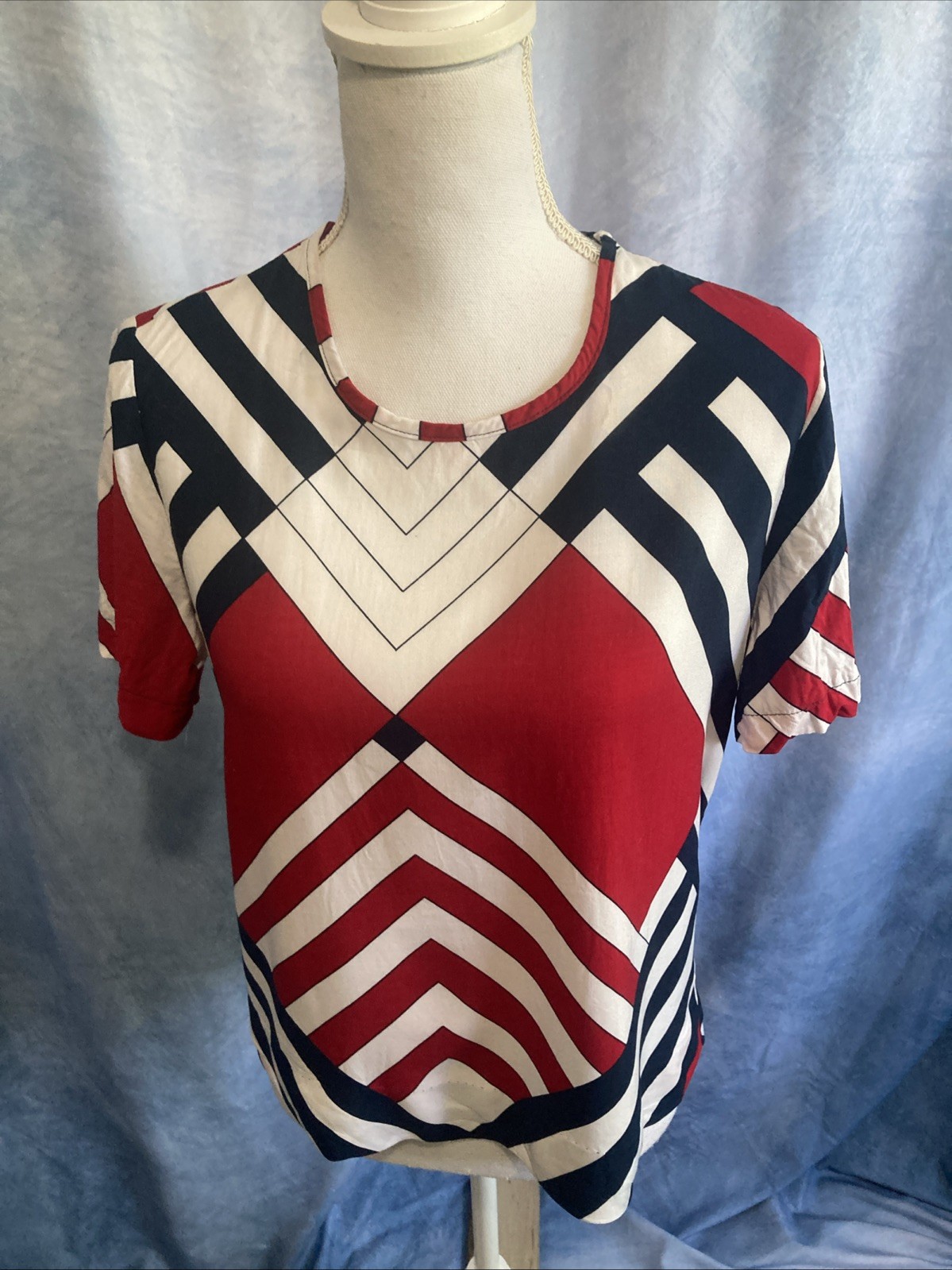 Vtg 80s 90s Blair Boutique Geometric Chevron Rayon Top Blouse XS Patriotic USA