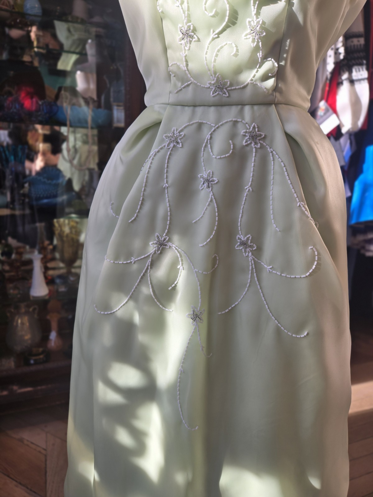 VTG 1960s Princess Pastel Green Organza Sleeveless Maxi Dress Floral Beaded